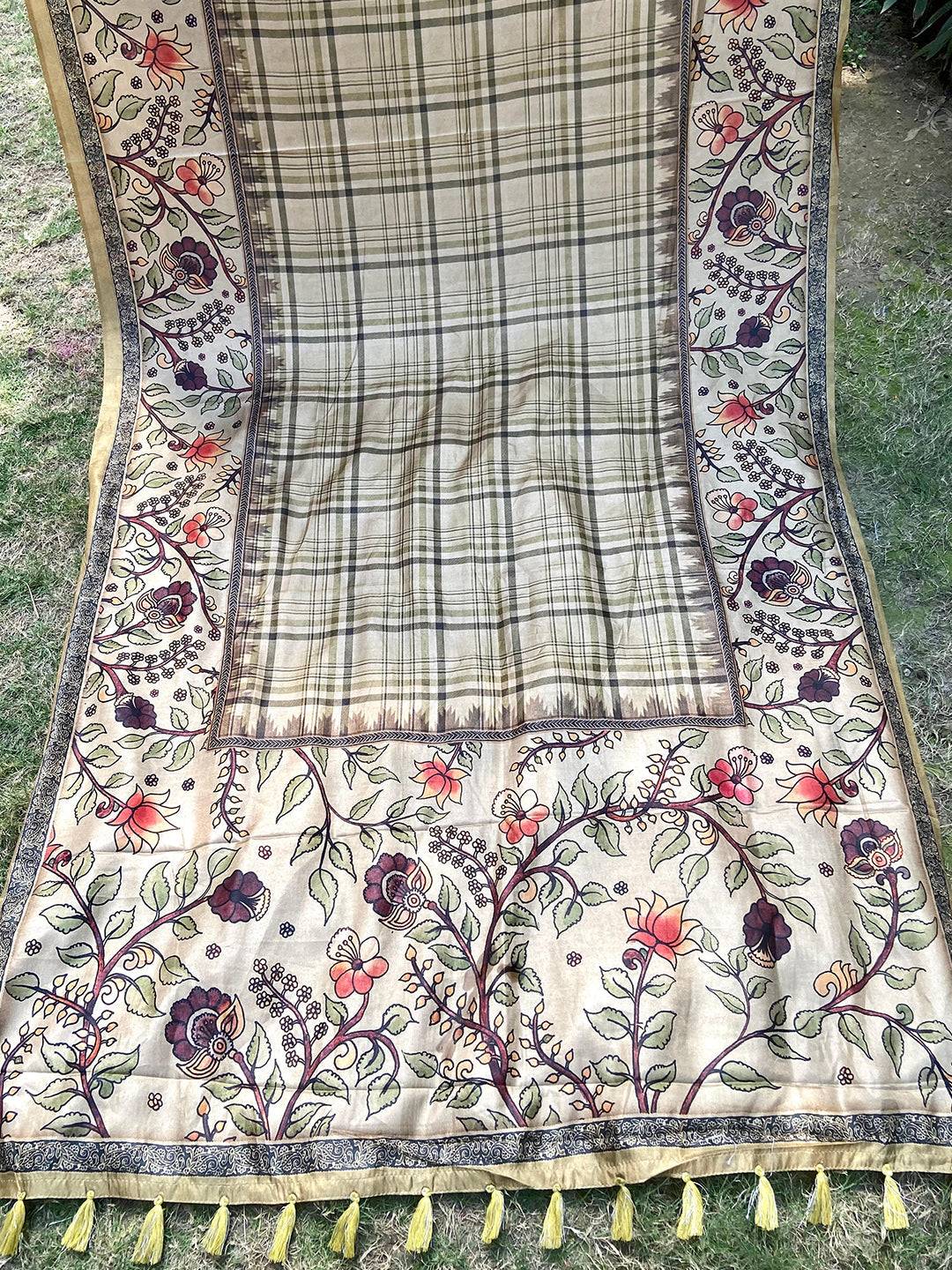 Traditional Tussar Silk Saree With Flower Kalamkari & Chex Motifs