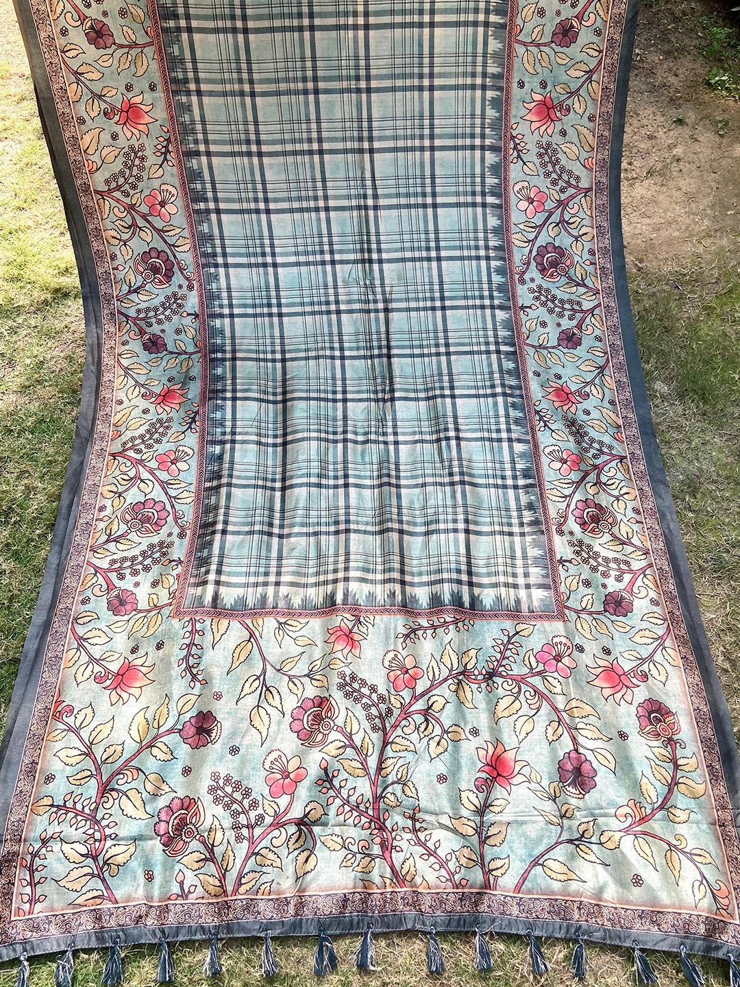 Full view of tussar silk saree with floral kalamkari and chex motifs