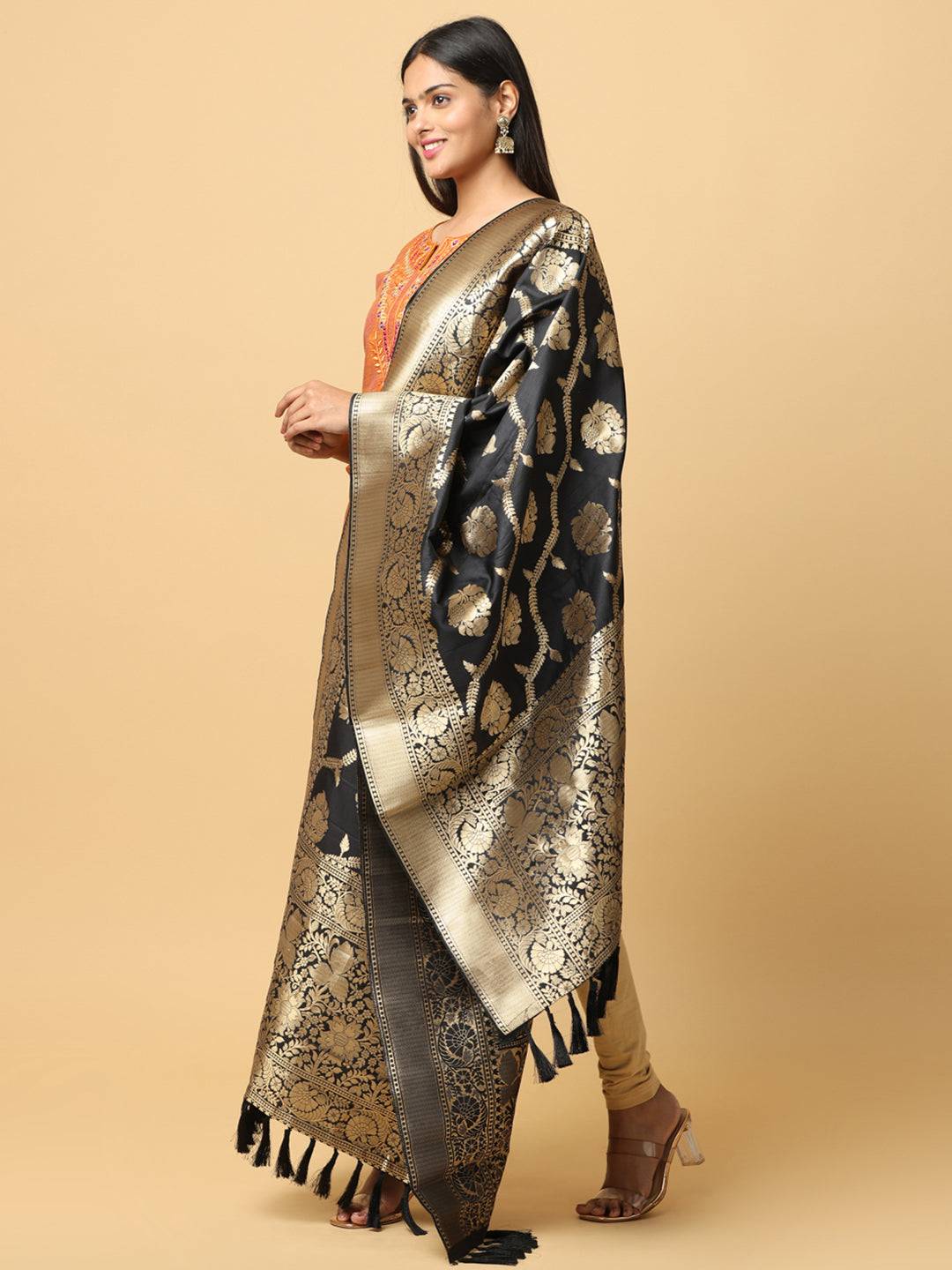 Luxurious black silk blend dupatta with ornate woven design.