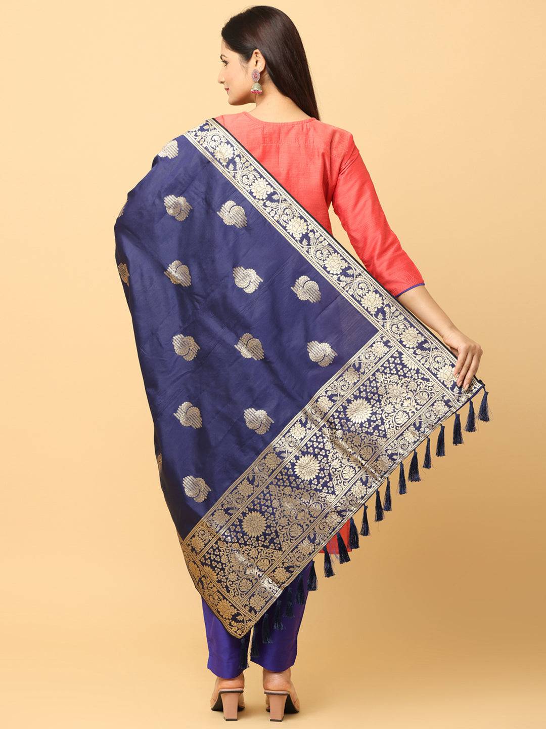 Back view of silk blend dark blue dupatta with intricate woven design