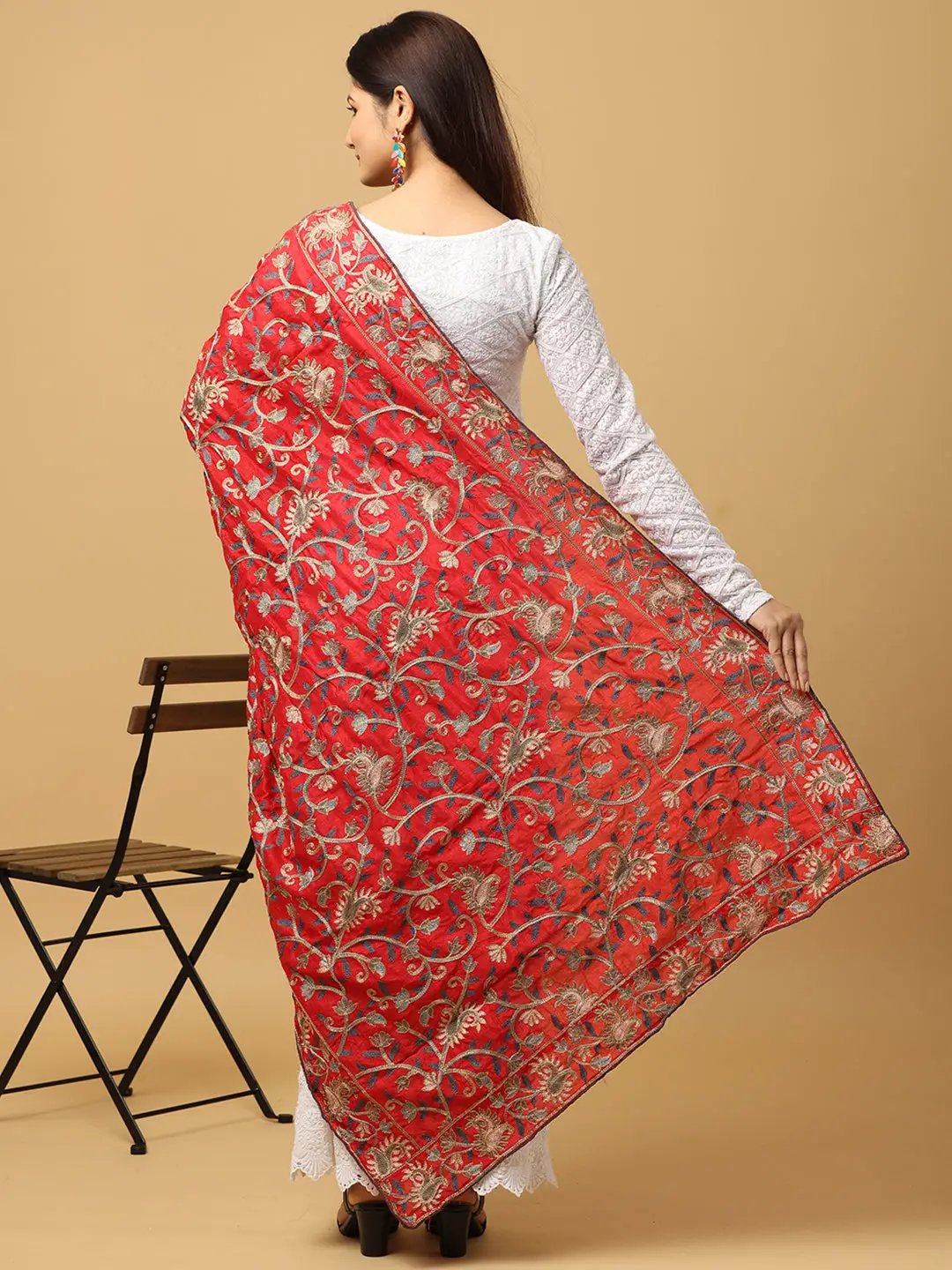 Back view of red pashmina dupatta with intricate embroidery