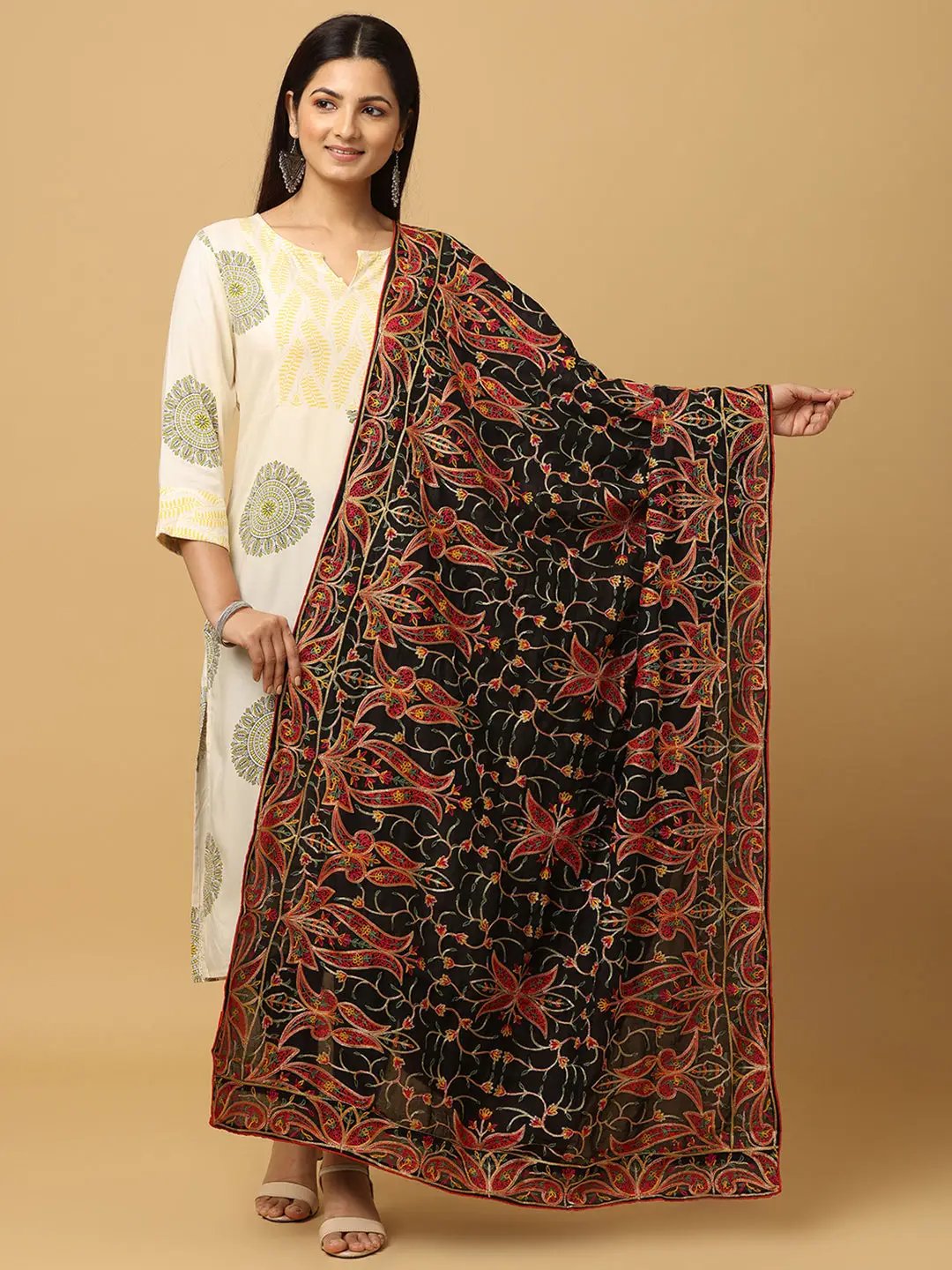 Black Poly Chiffon Pashmina Dupatta with vibrant threadwork