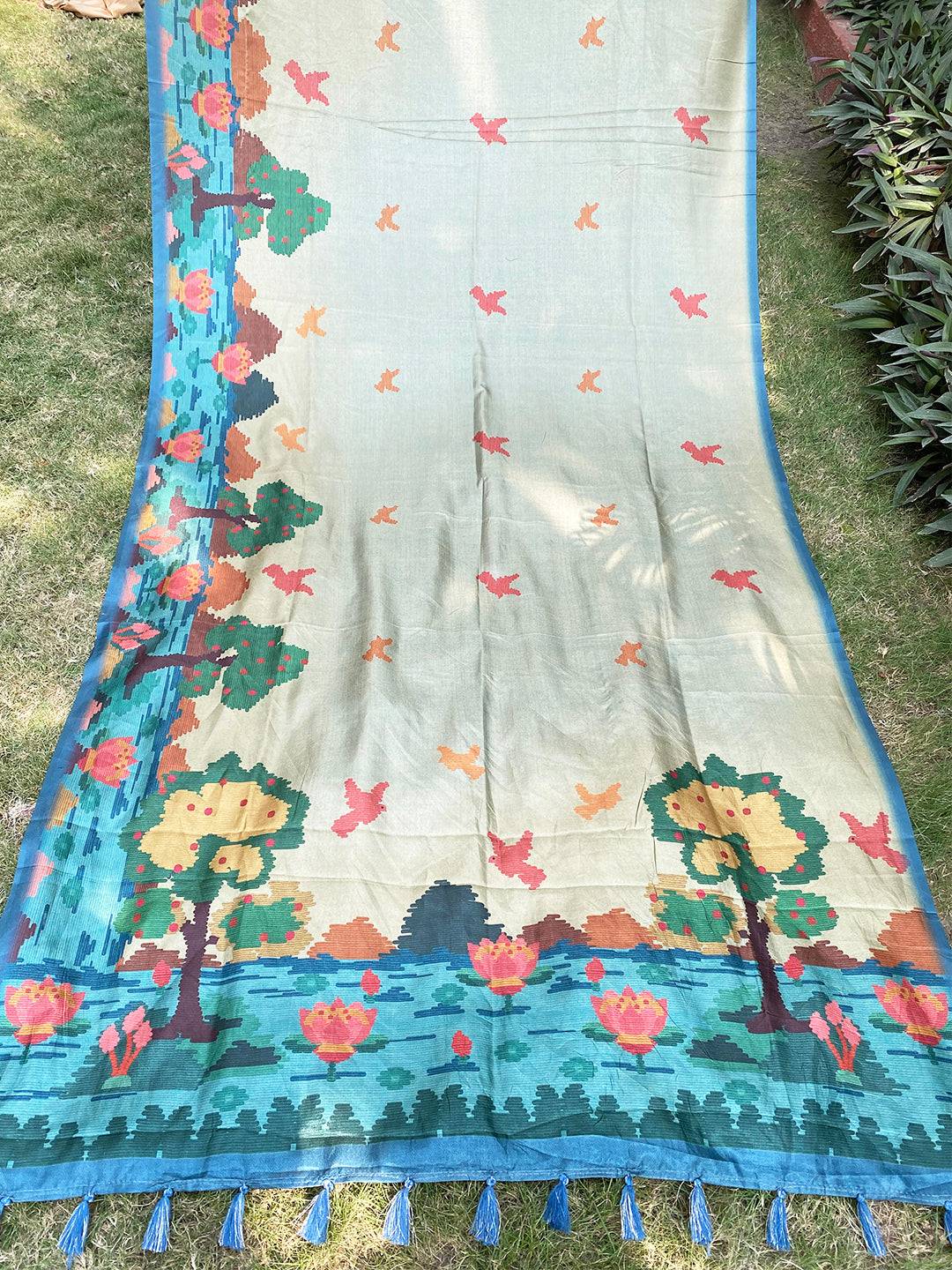 Full view of Tussar silk saree with Ikkat Kalamkari patterns