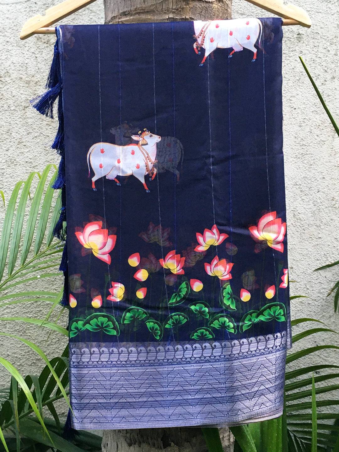 Navy Blue Organza Pichwai Print Saree with floral design