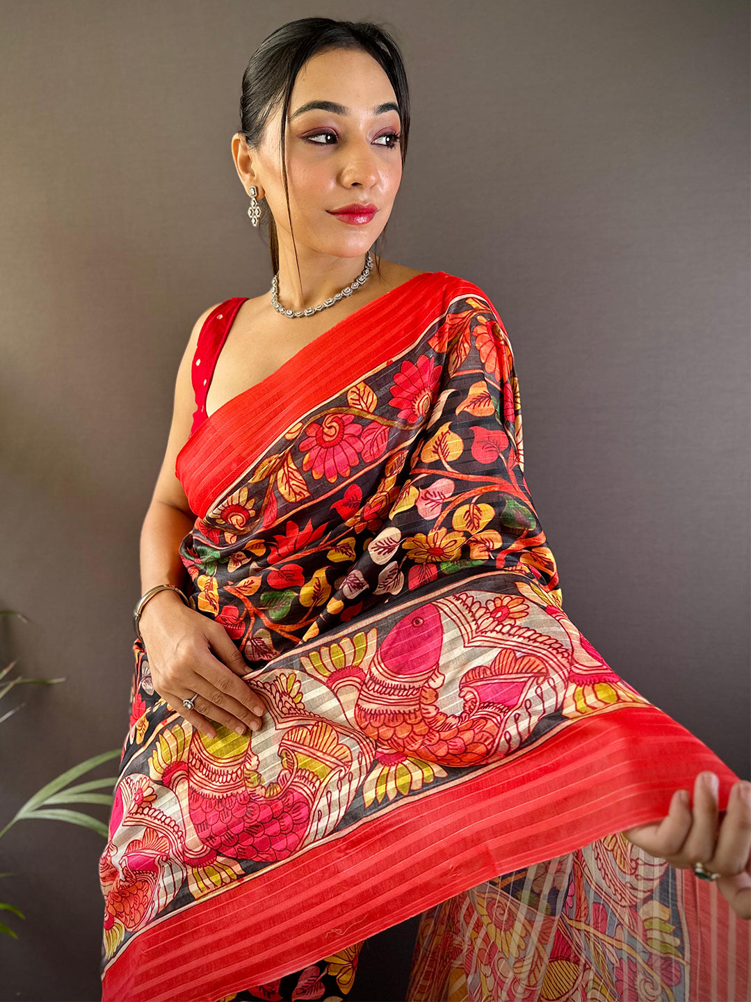 Raven Black Pen Kalamkari Linen Saree