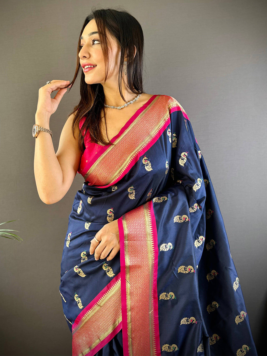 Trendy Yevla Paithani Minakari Work Silk Saree in Navy Colour