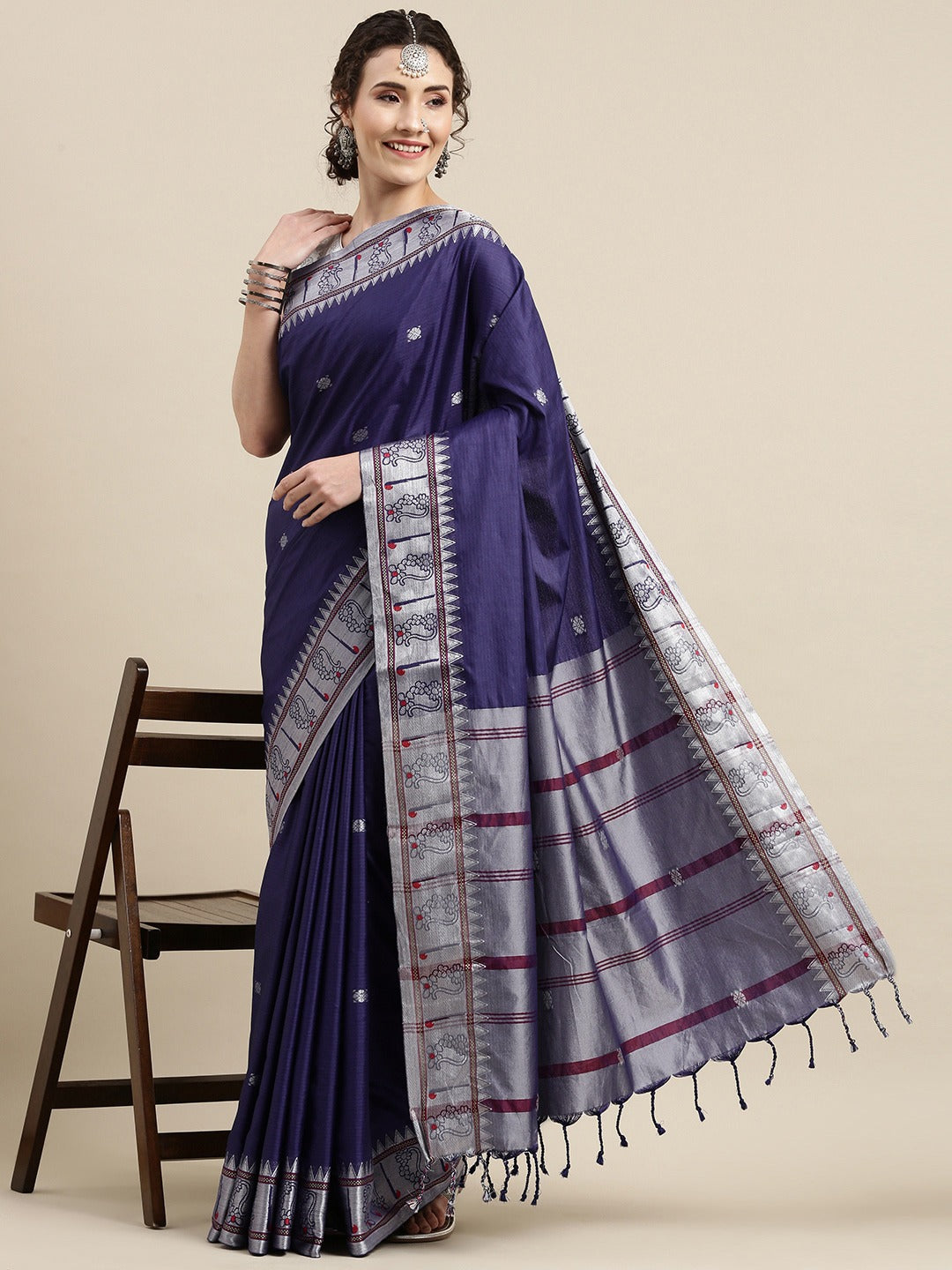  Beautiful Blue Colour Zari Silk Cotton Paithani Saree 