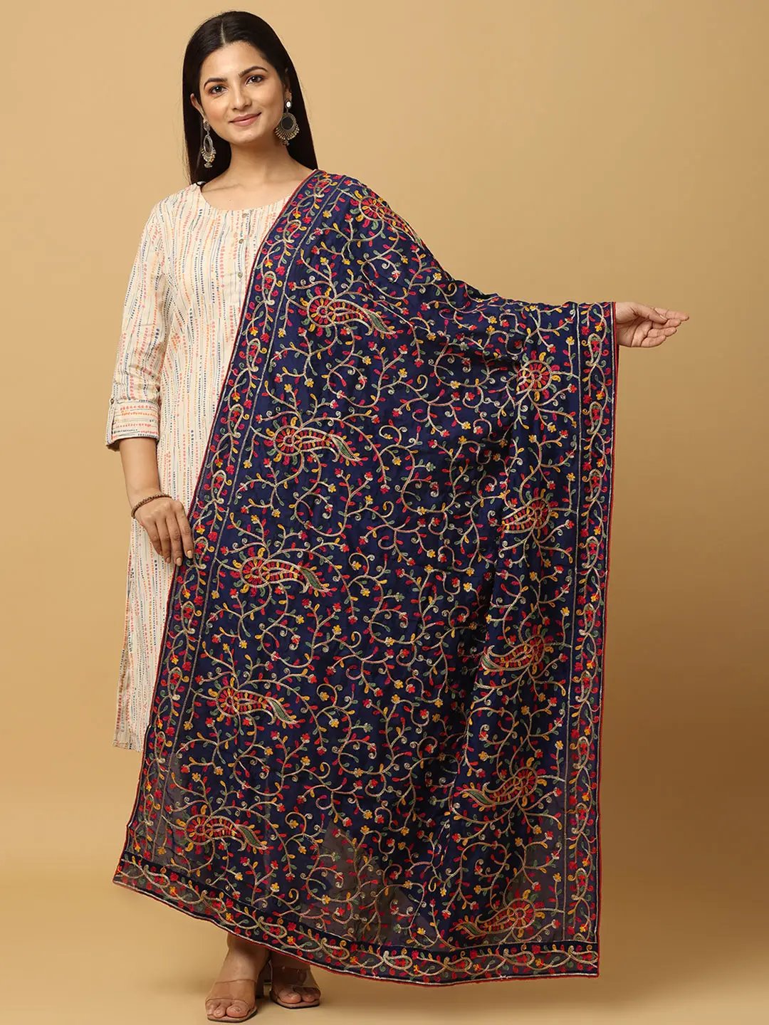 Navy Poly Chiffon Pashmina Dupatta with threadwork design