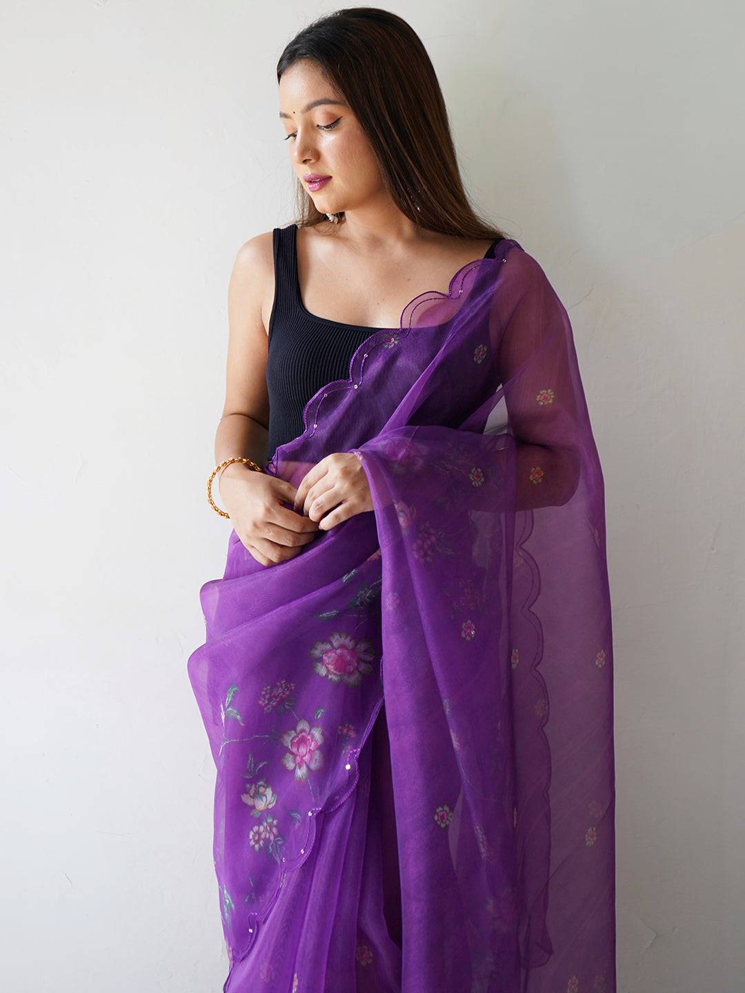 Organza Silk Saree with Floral Print,Viscose  Sequins Border