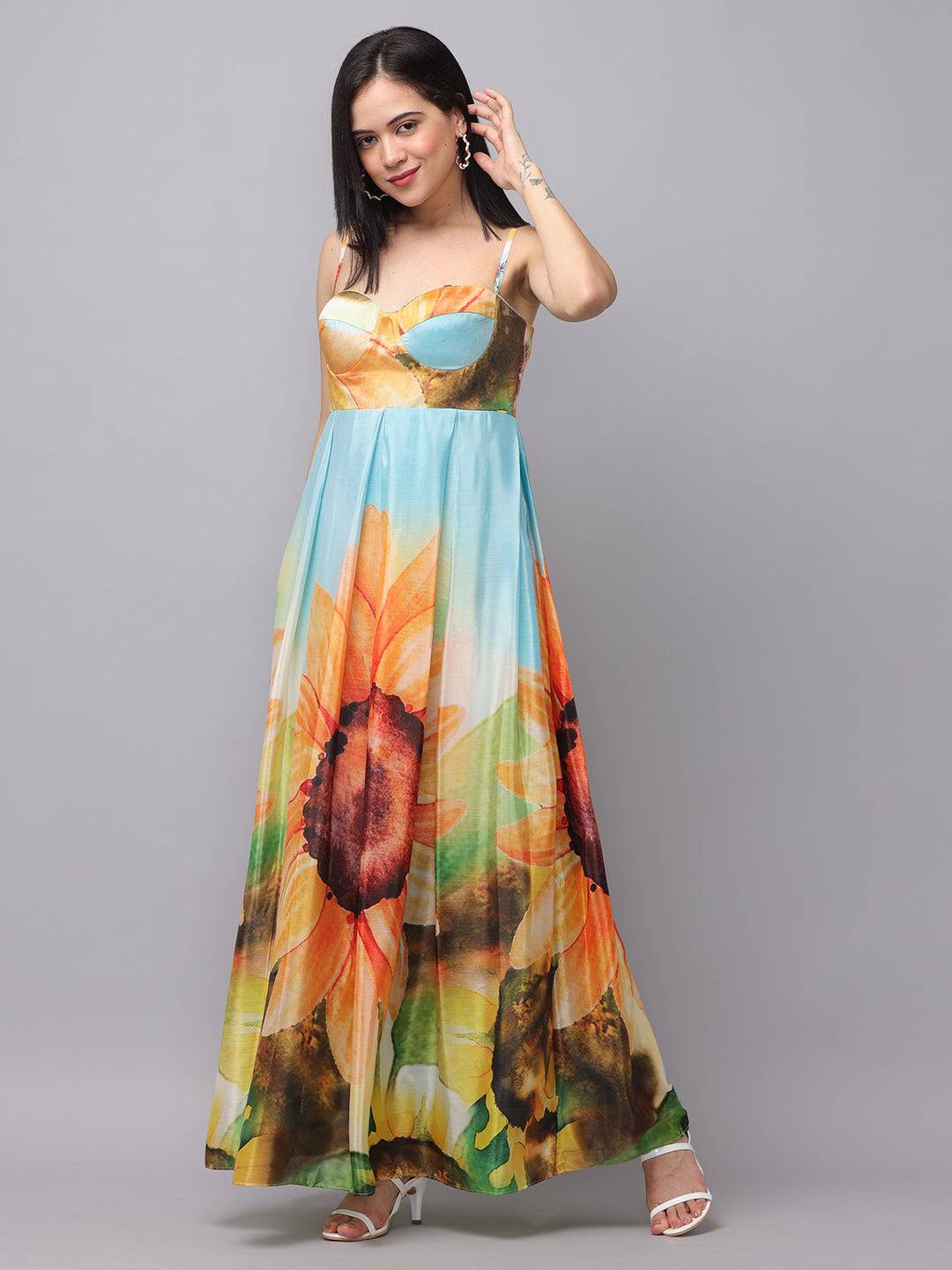 Side pose of multi-color floral print long dress