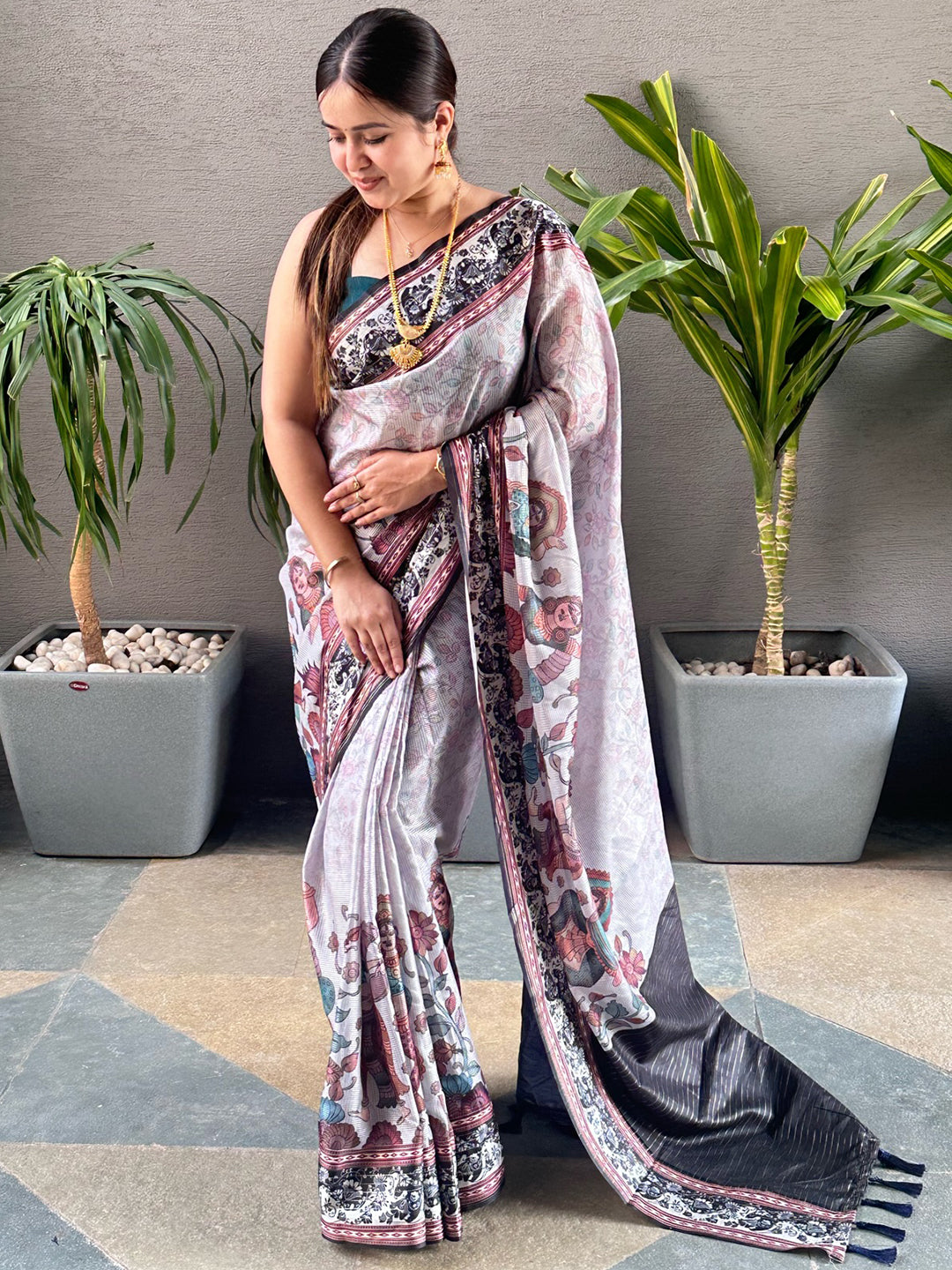 Traditional Grey Satin Kalamkari Saree with Zari Pallu