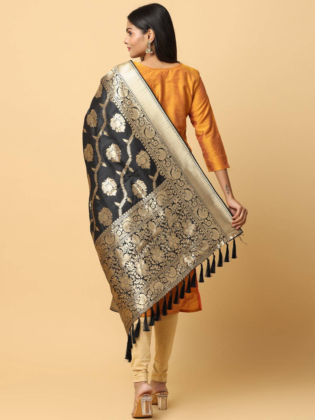 Elegant black silk blend dupatta with intricate woven patterns.