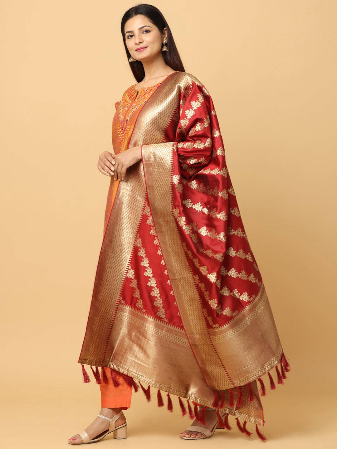 Side view of red woven design dupatta