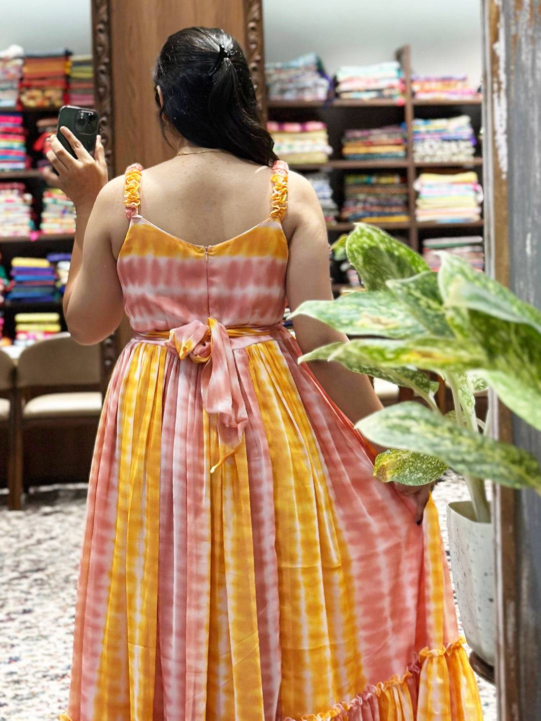 Back view of Daisy Yellow Batik Print Dress