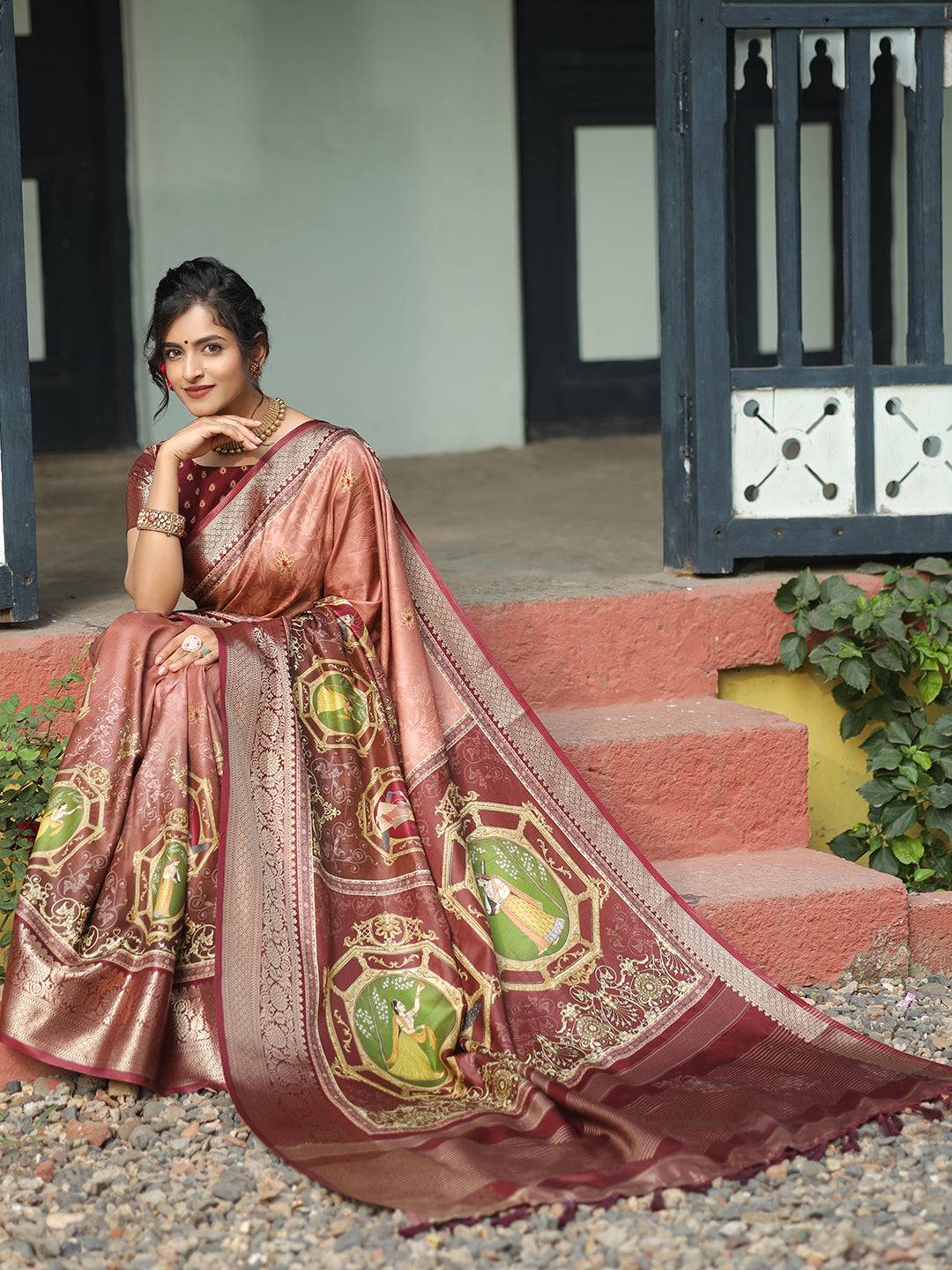 Peach Colour Viscose Dola Silk Saree With Zari Weaving Pallu