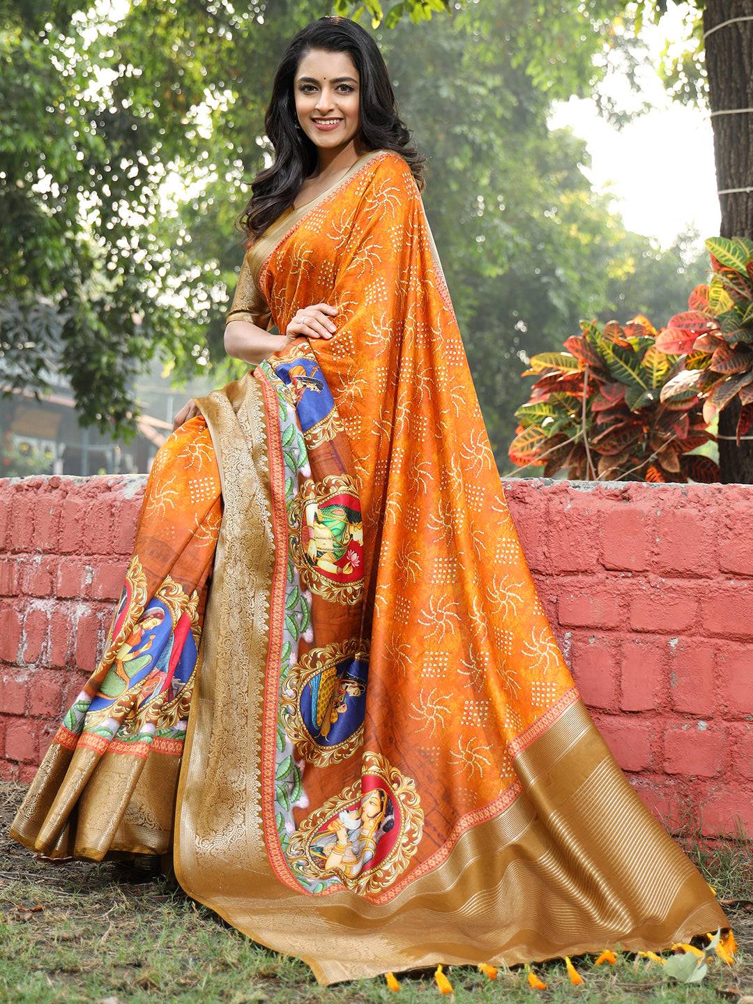 Orange Pure Viscose Dola Silk Saree with Mughal Print Saree