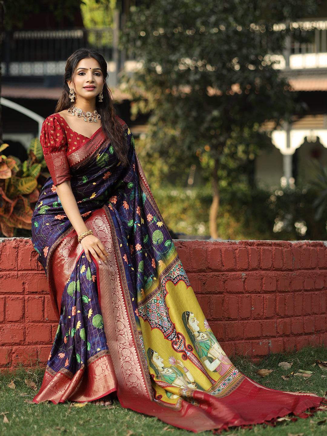 Navy Colour Pure Viscose Dola Silk Saree With Mughal Motifs