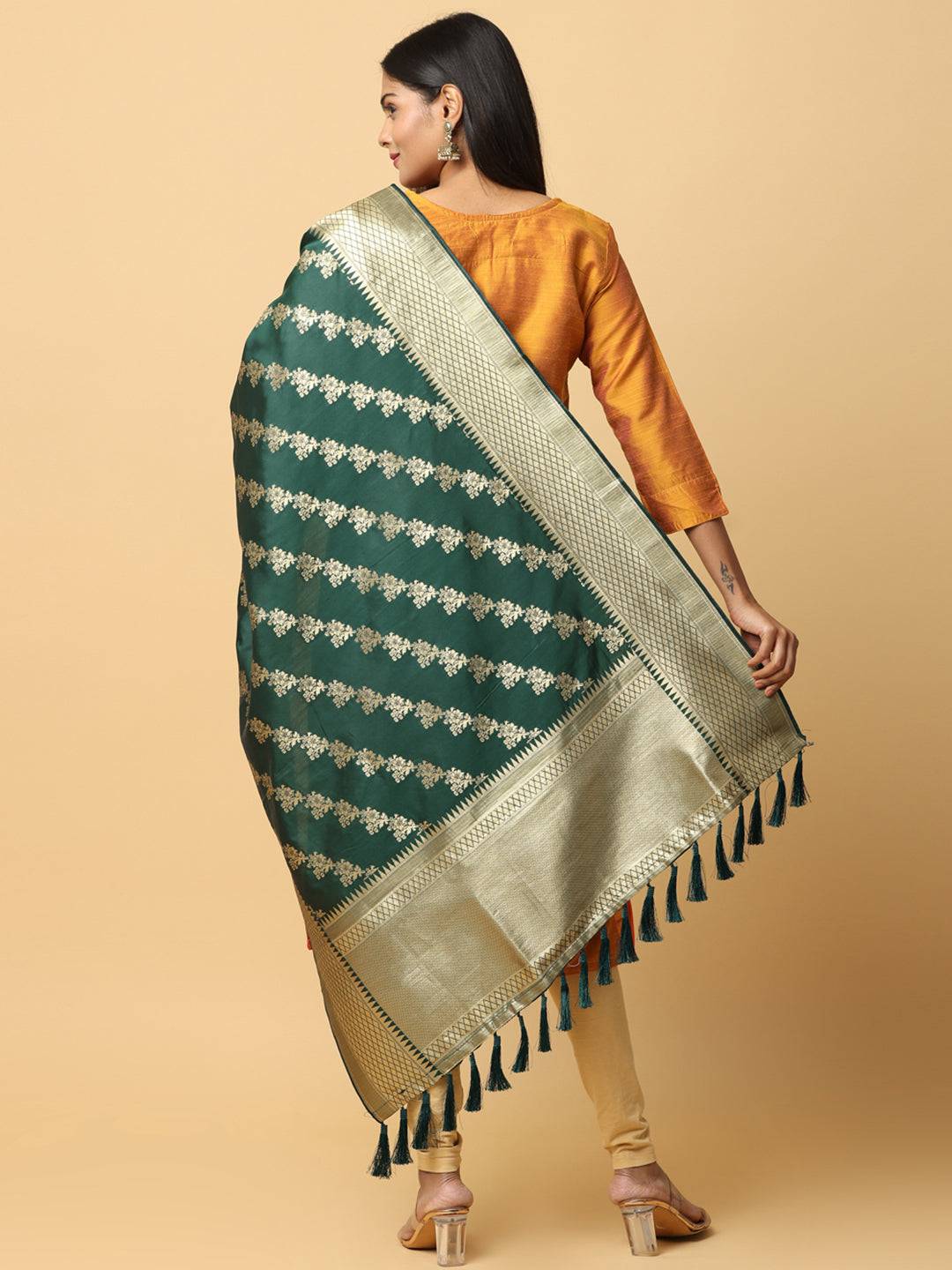 Back view of bottle green woven design dupatta