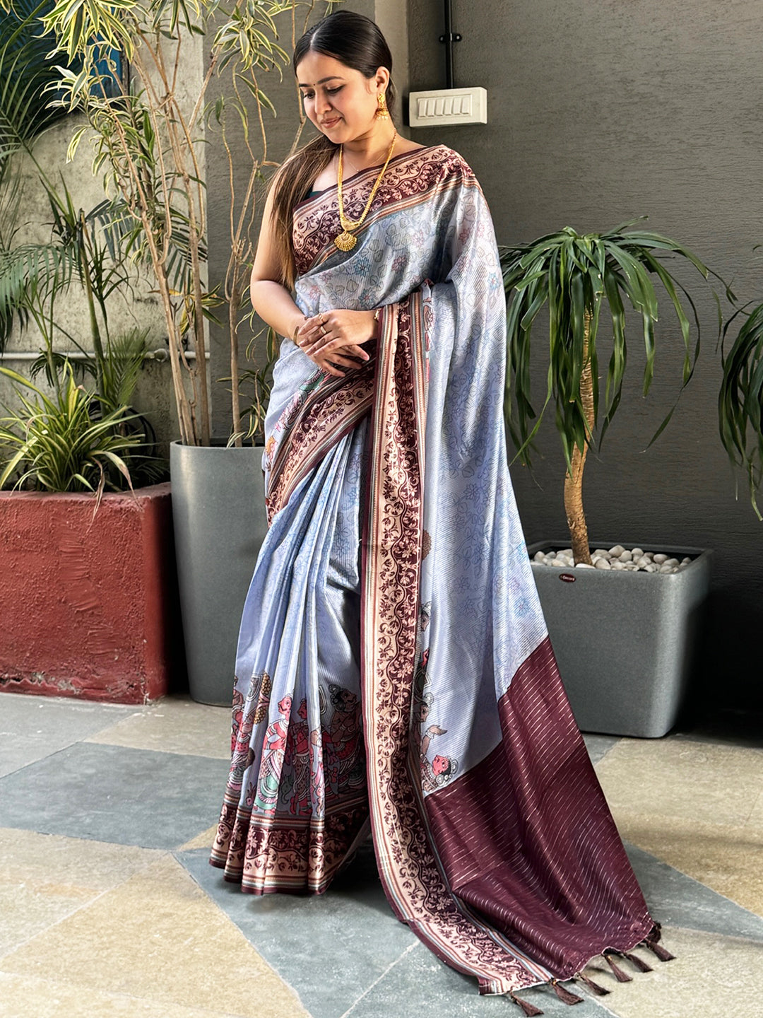 Stylish Silver Satin Kota Doria Saree with Kalamkari Design