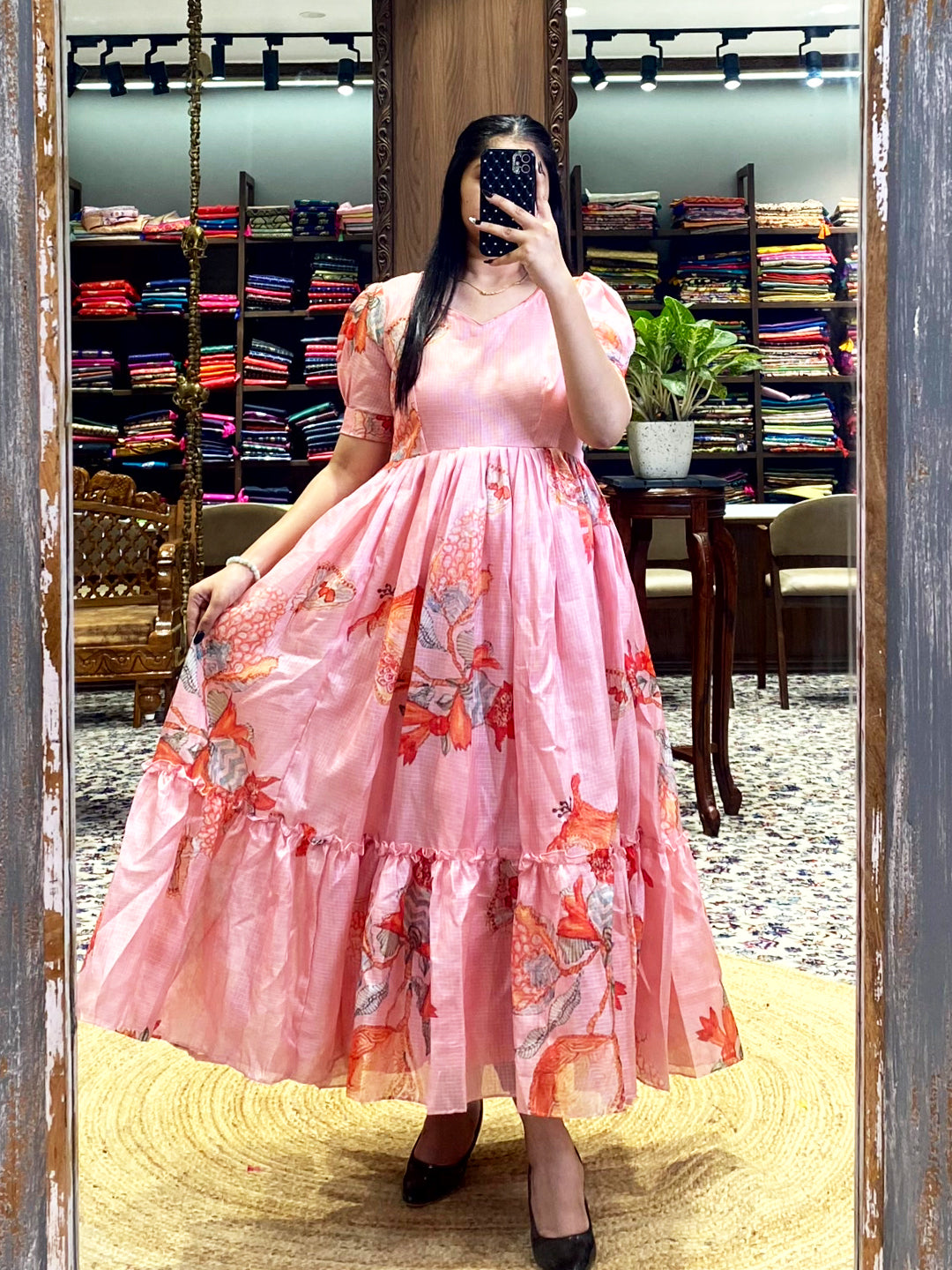 Salmon Pink Floral Print Midi Dress