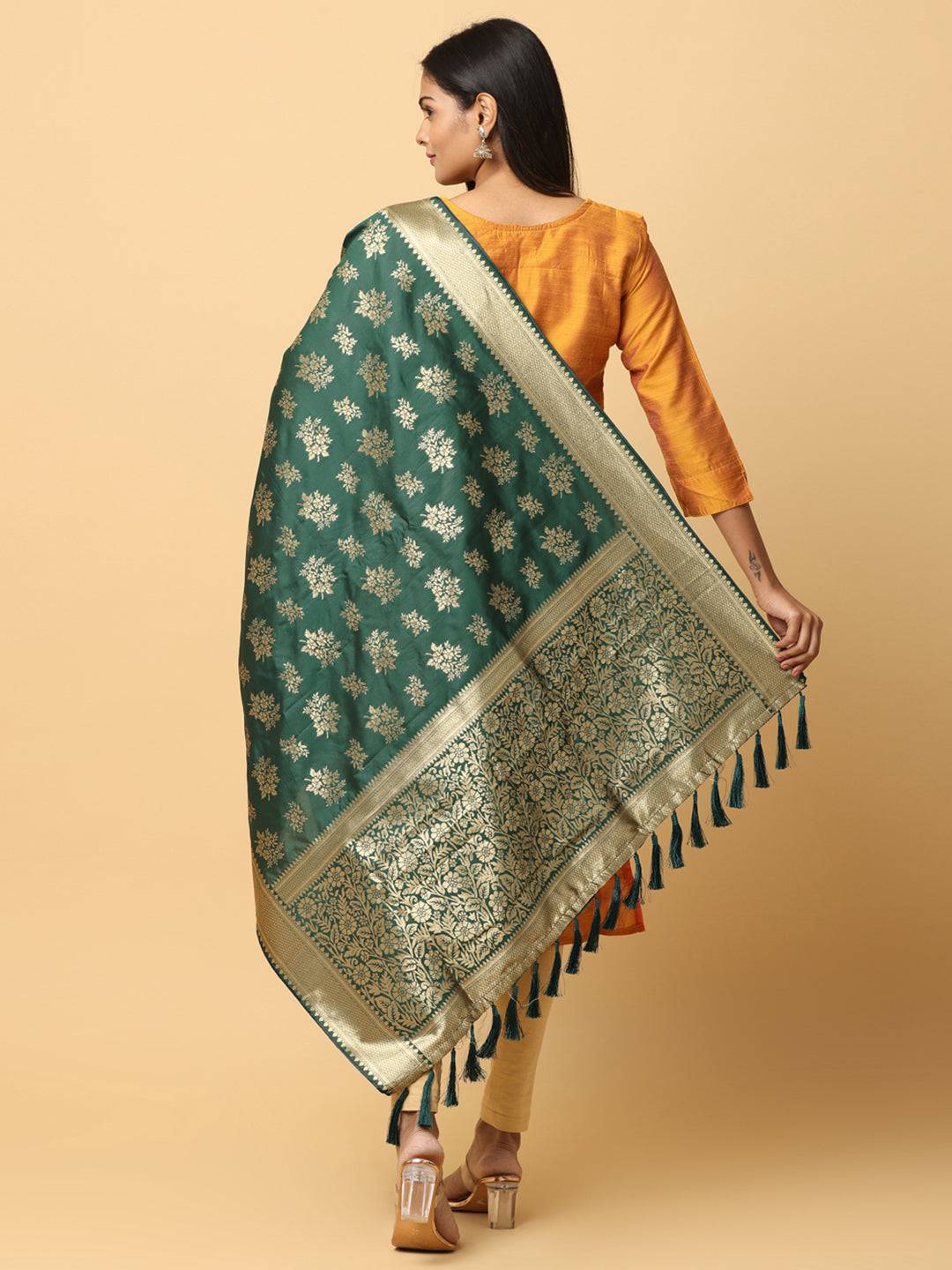 Back view of woven design dark green dupatta