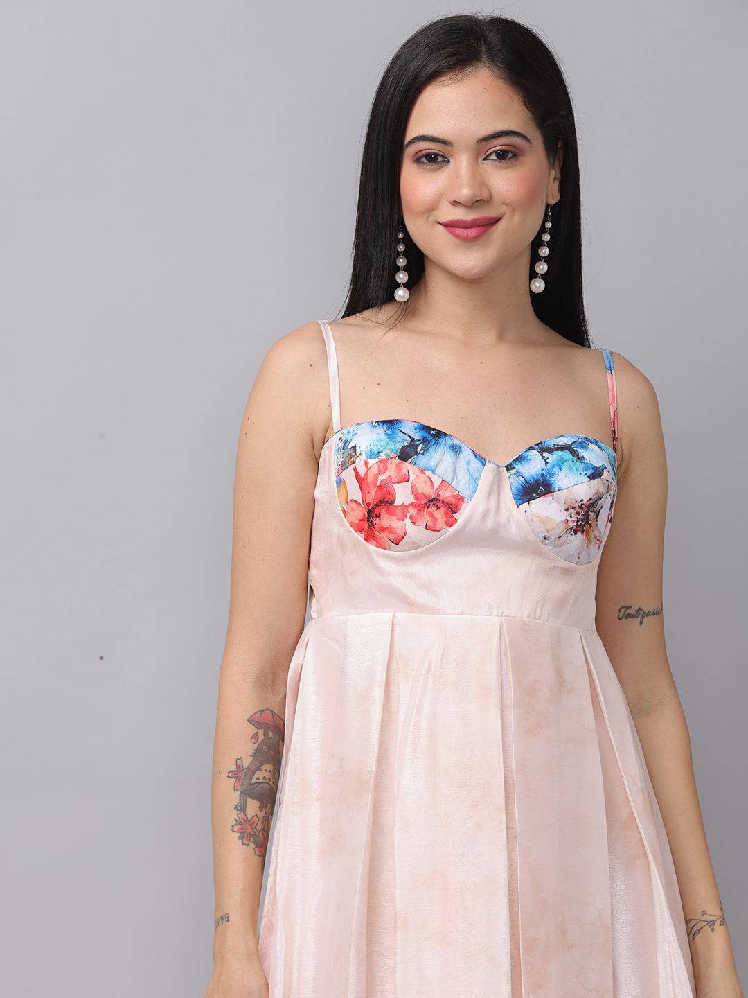 Close-up of floral dress with sweetheart neckline