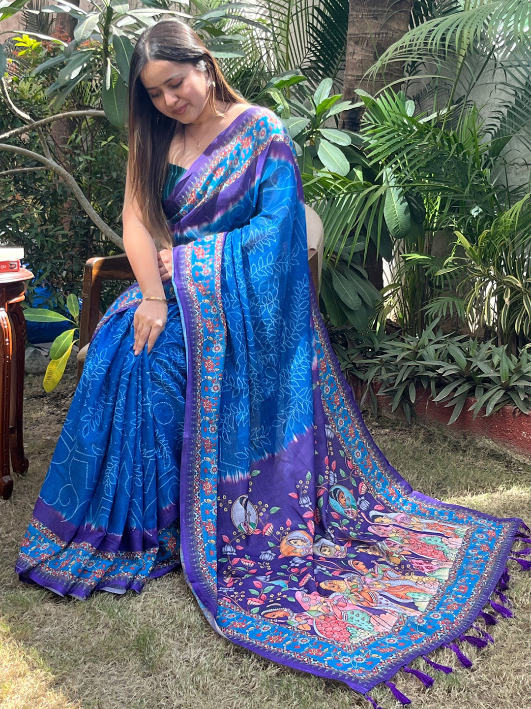 Royal Blue Saree Featuring Bandhej and Kalamkari Print