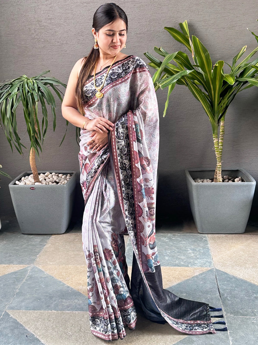 Stylish Grey Satin Kalamkari Saree with Zari Pallu