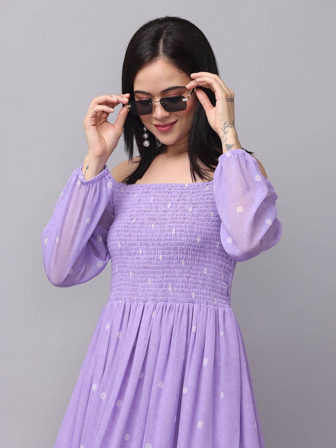 Lilac polka dot smocked maxi dress top detail