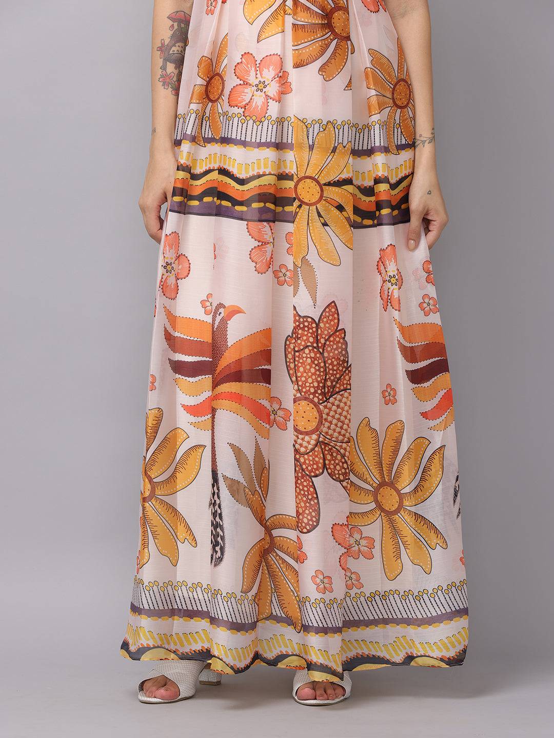 Off white chiffon print dress with floral design, skirt detail