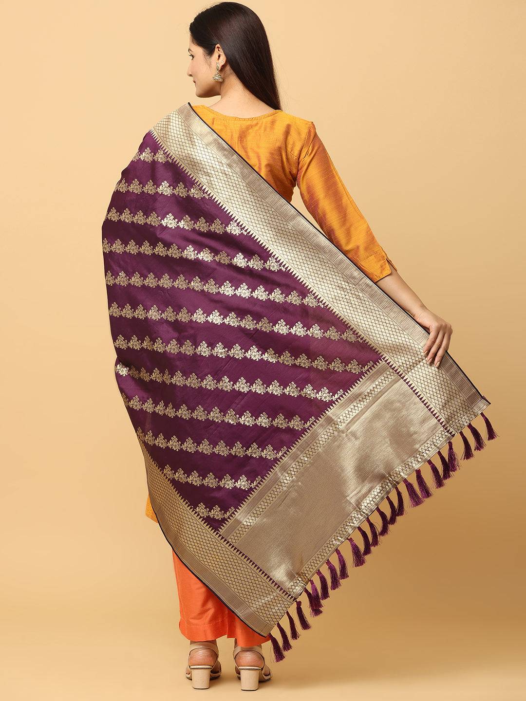 Back view of wine colour woven dupatta with intricate design