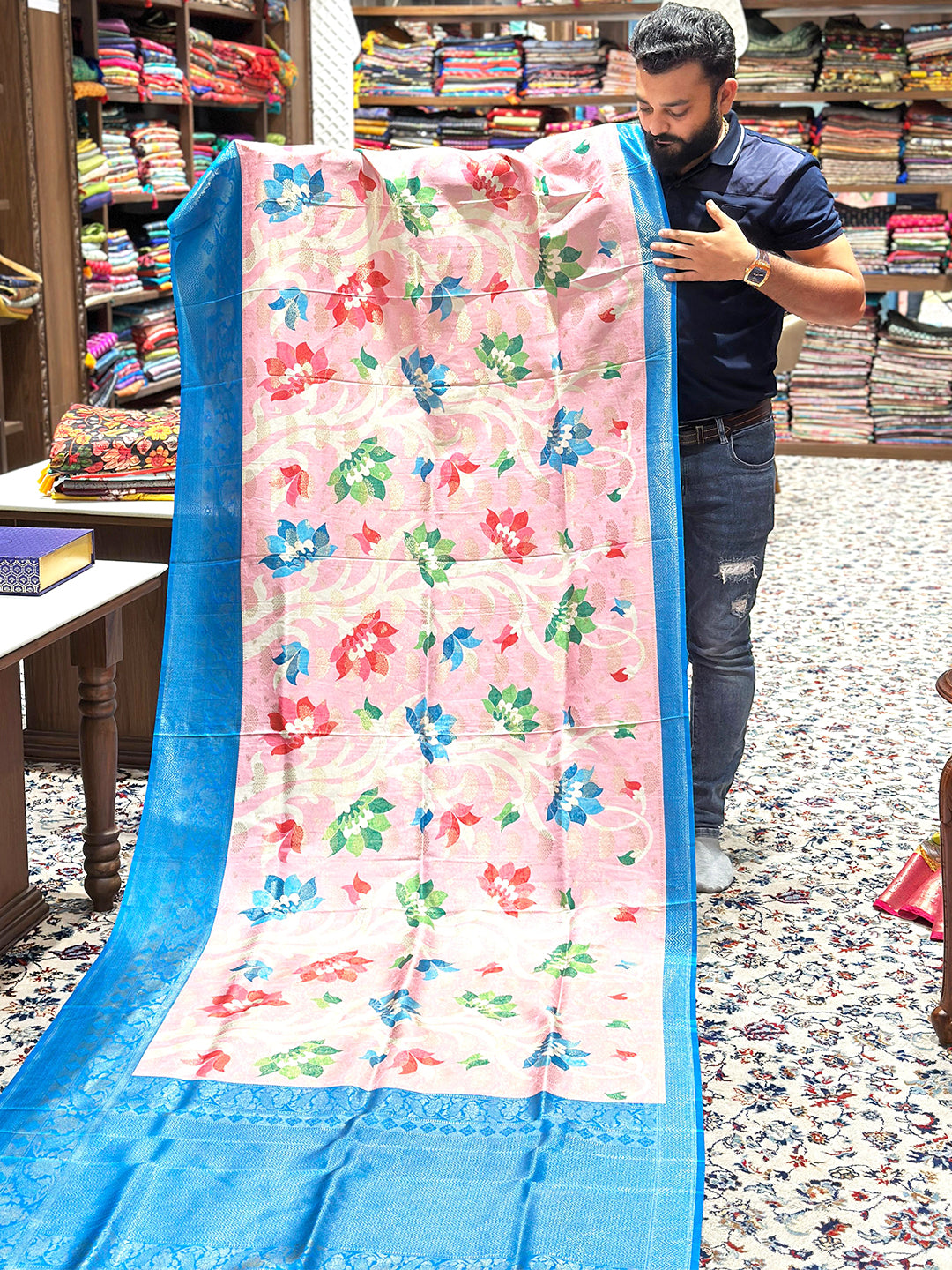 Elegant Pink Lotus Print Saree