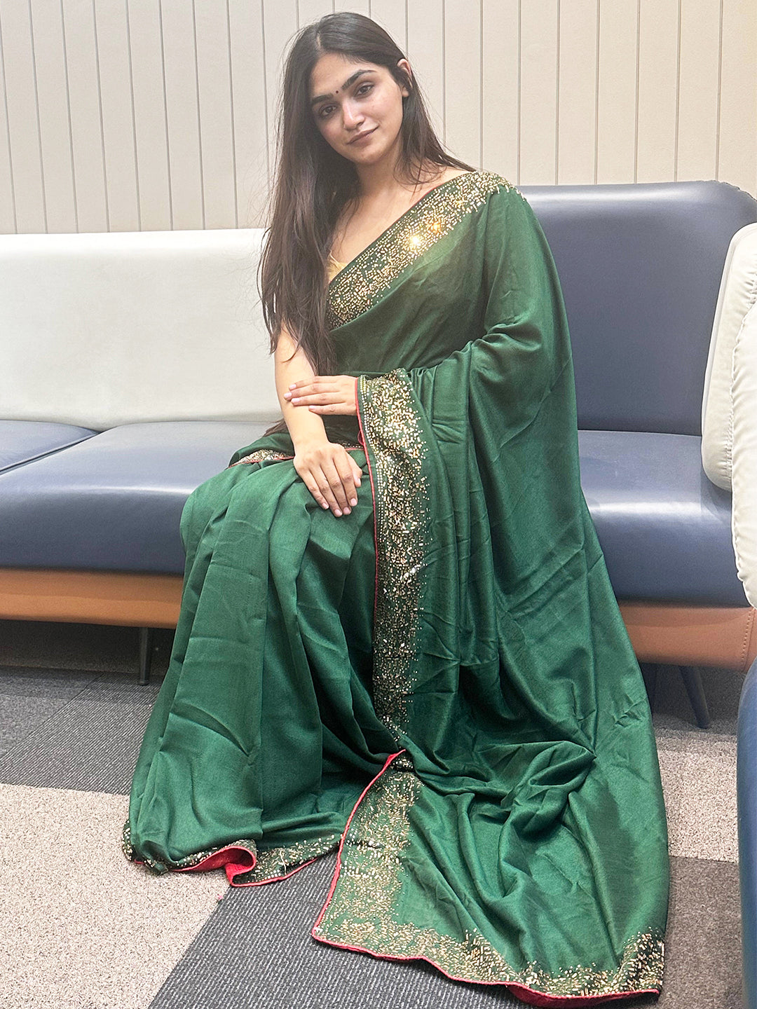 Model in Green Silk Saree with Swarovski Embellishments