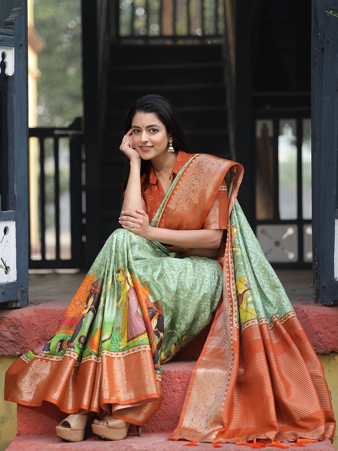 Pista Pure Viscose Dola Silk Saree with Bhandhej Print