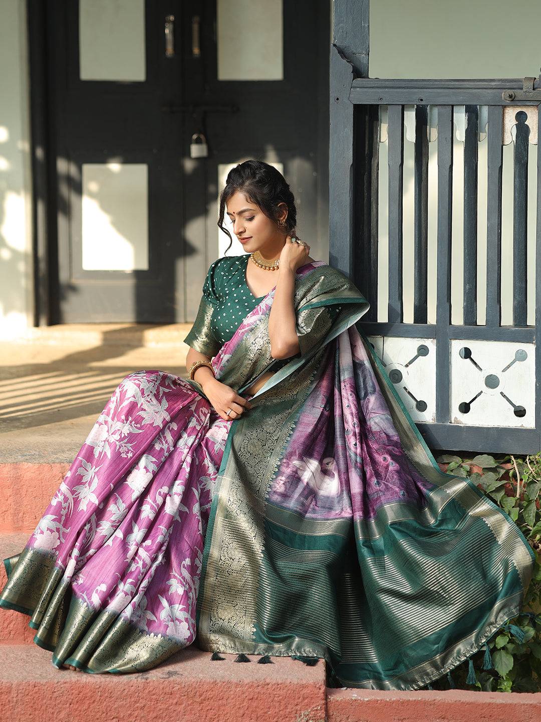 Viscose Dola Silk Purple Saree with Floral and Mughal Print