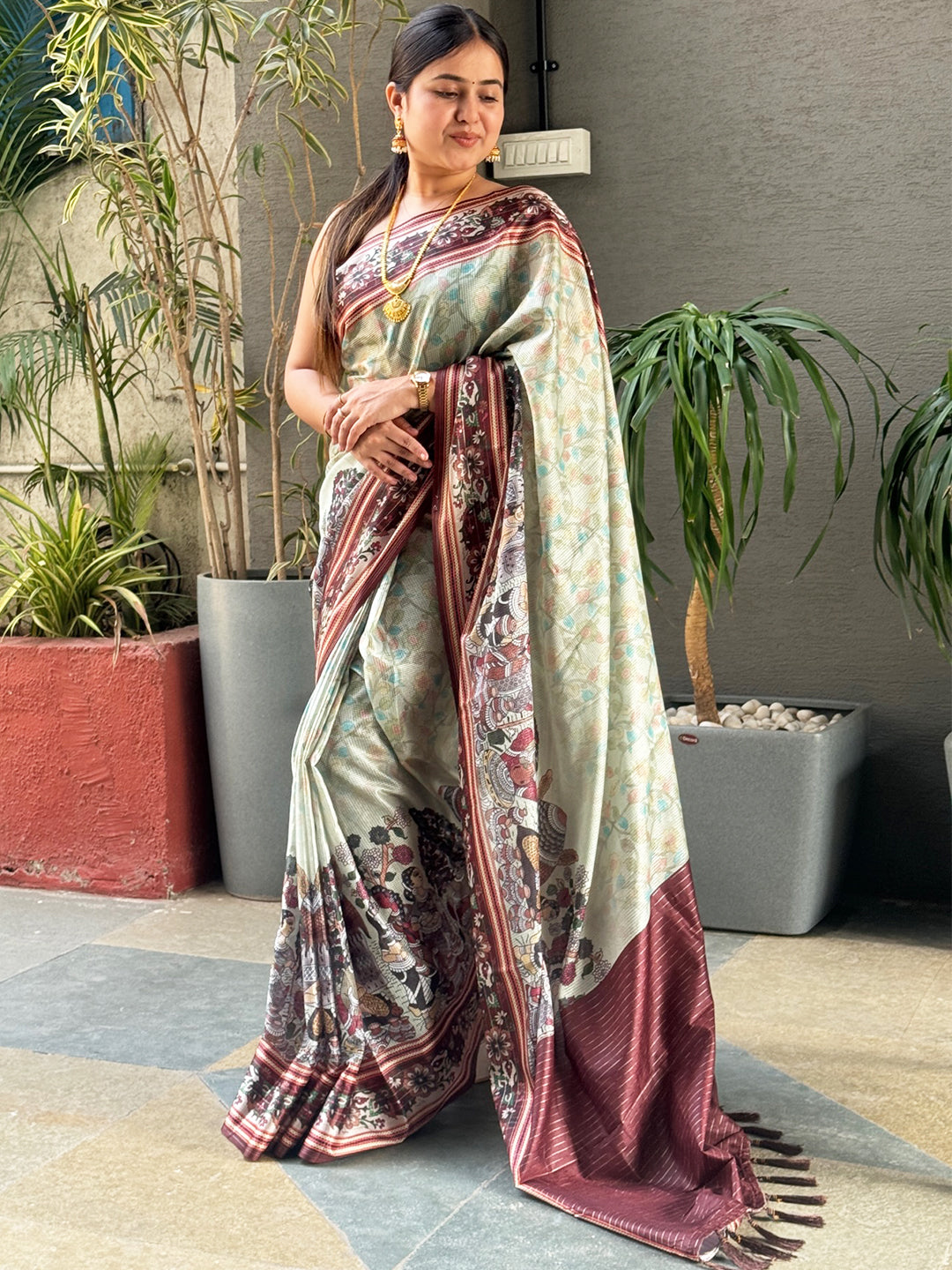 Traditional Pista Colour Satin Kota Doria Saree with Zari Pallu