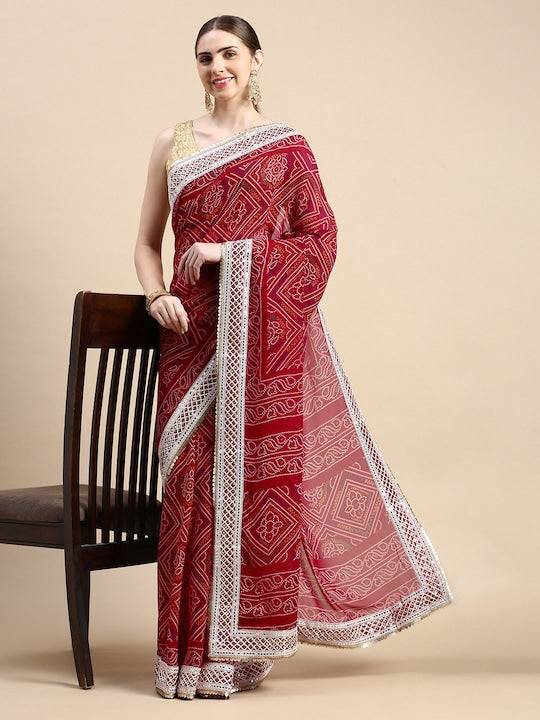 Front view of Radiant Red Bandhani Printed Saree