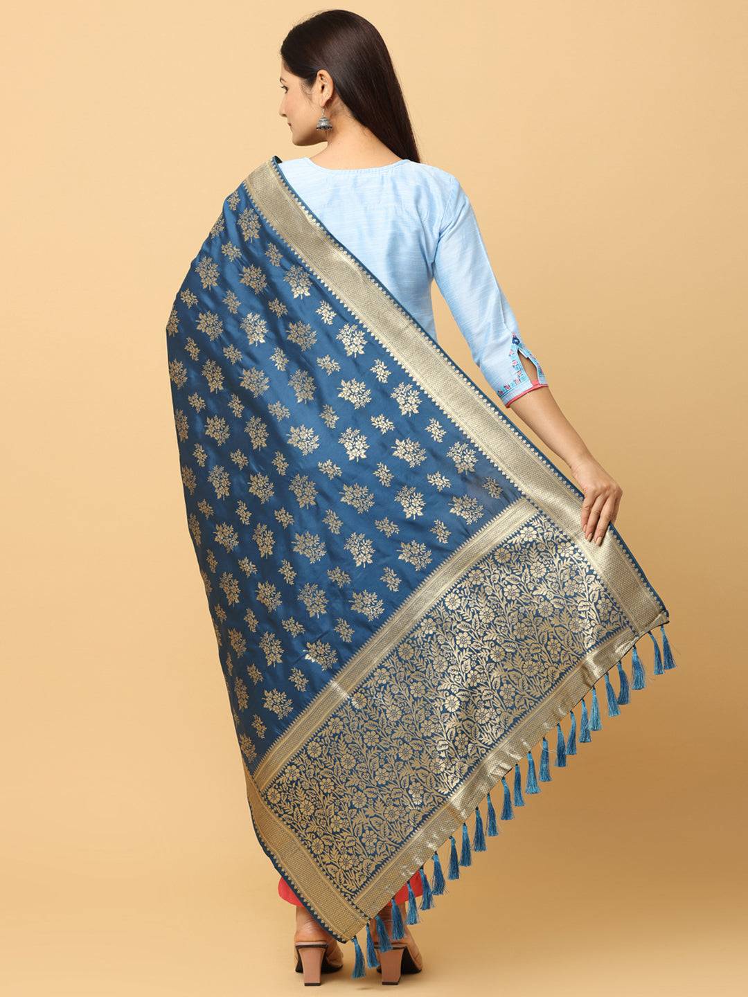 Back view of teal silk blend dupatta with intricate patterns