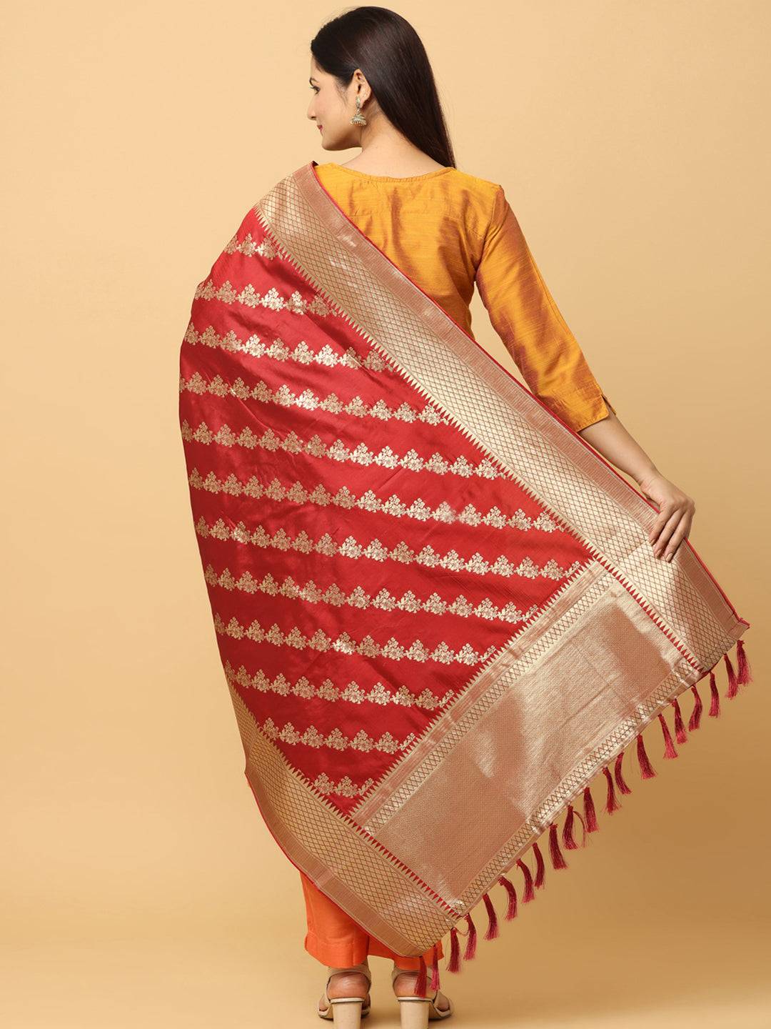 Back view of red woven design dupatta