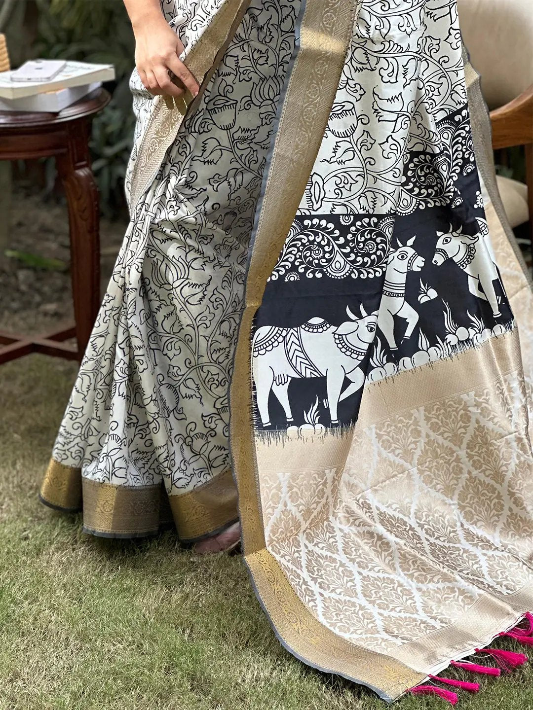 Kalamkari saree highlighting intricate block print details