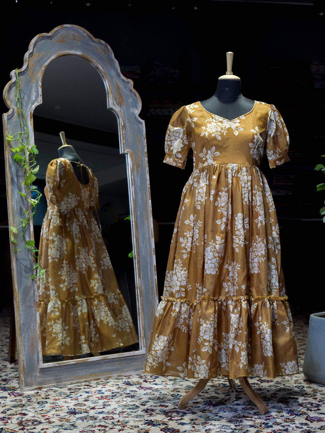 Honey Yellow Floral Midi Dress on mannequin with mirror