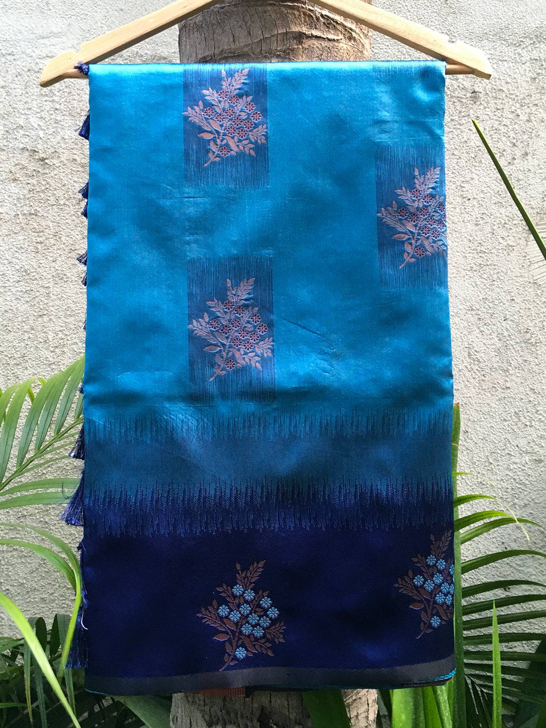 Close-up of Royal Blue Sami Banarasi Tussar Silk Saree on hanger