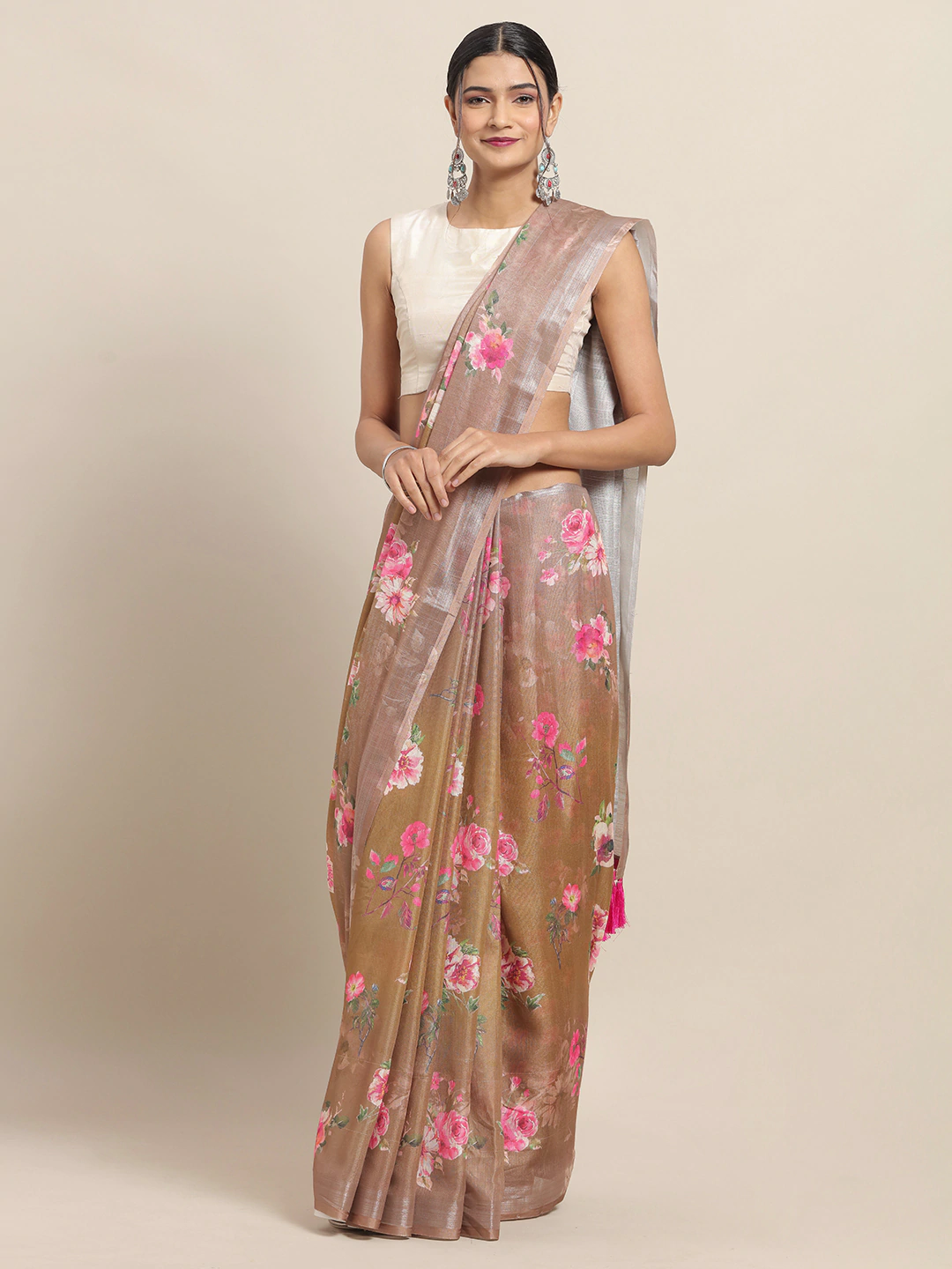 Soft Linen Flower Digital Print Sarees at Vastranand