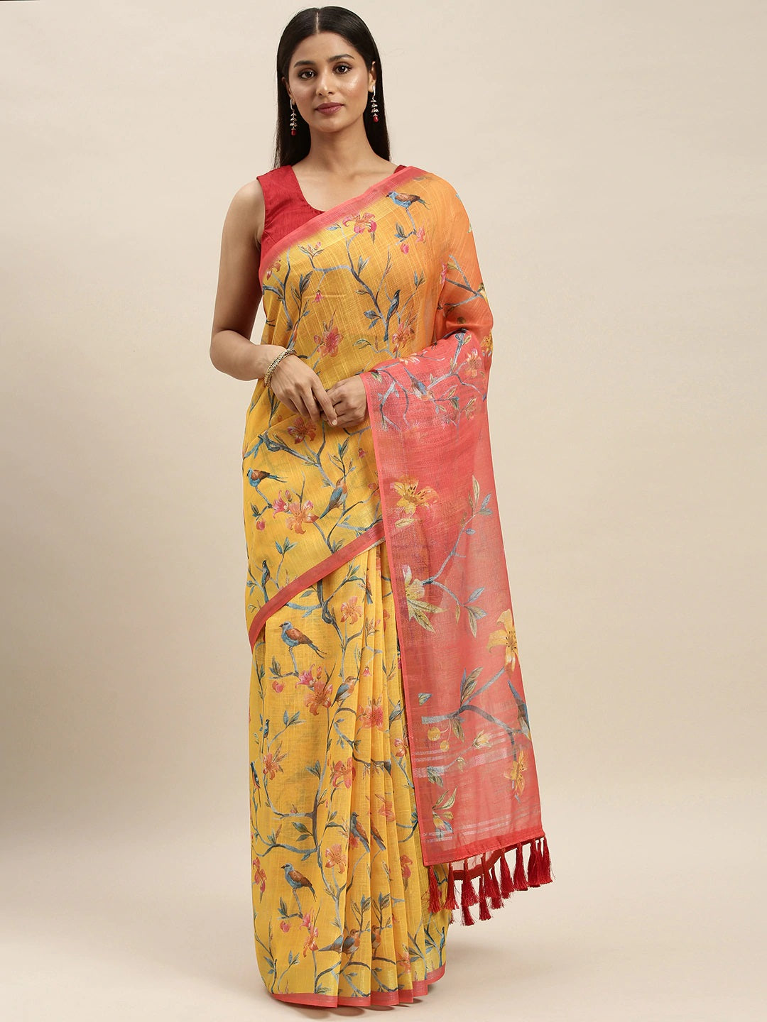 Mustard Colour Soft Linen Saree With Exquisite Digital Print