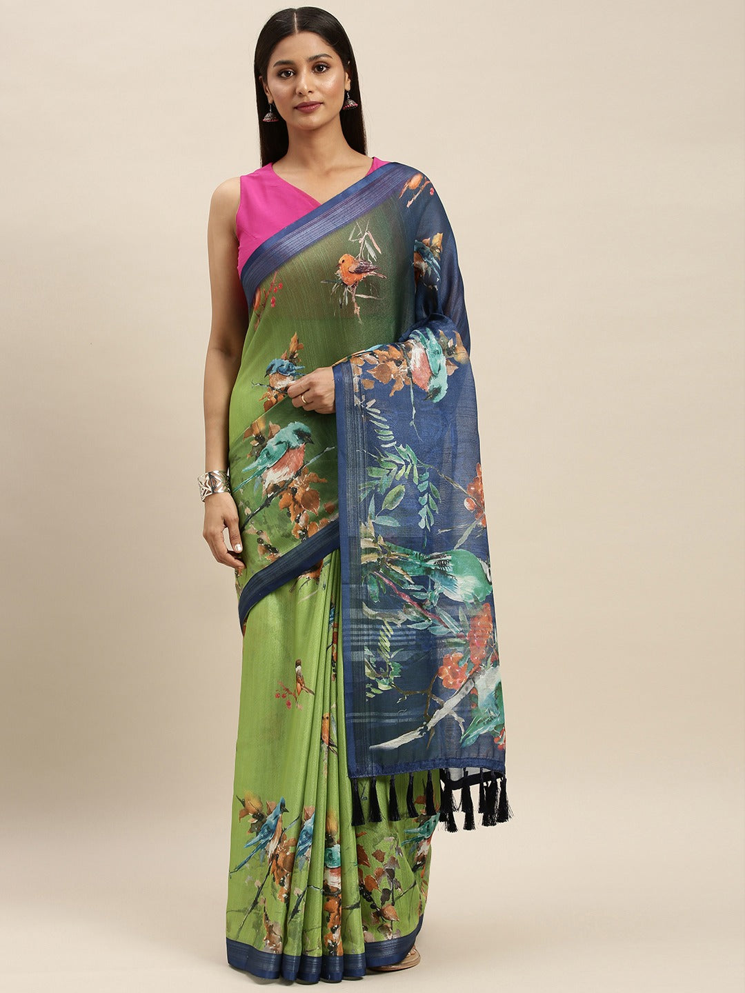 Beautiful Pista Colour Soft Linen Digital Print Saree