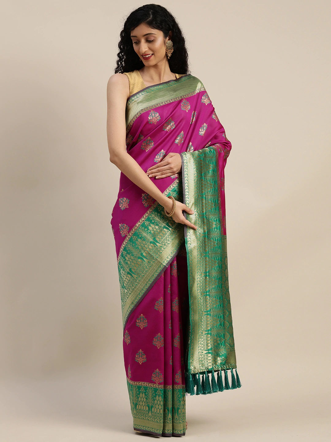 Banarasi Silk Rani Colour Woven Design Print Saree