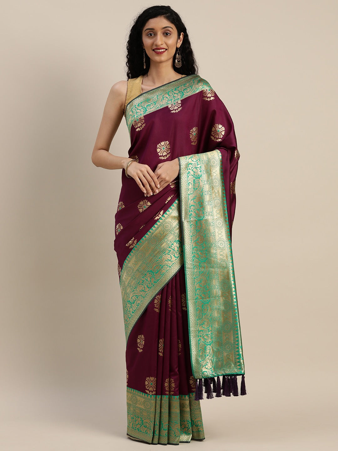  Banarasi Silk Burgundy Saree with Ethnic Motifs