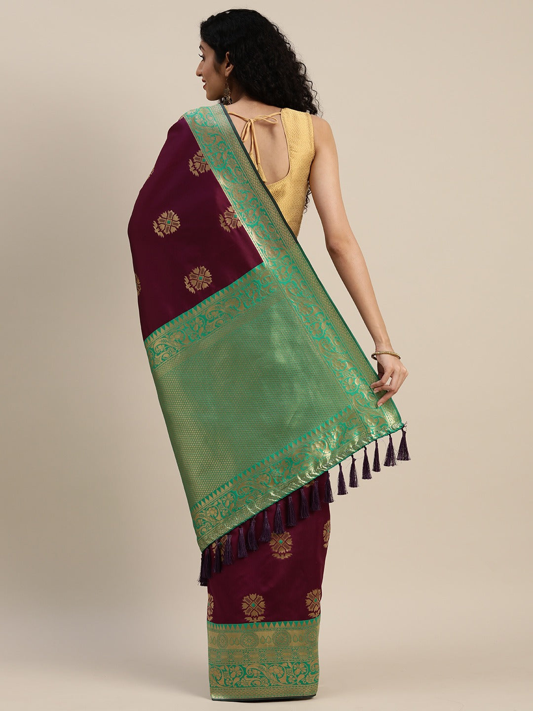  Banarasi Silk Burgundy Saree with Ethnic Motifs