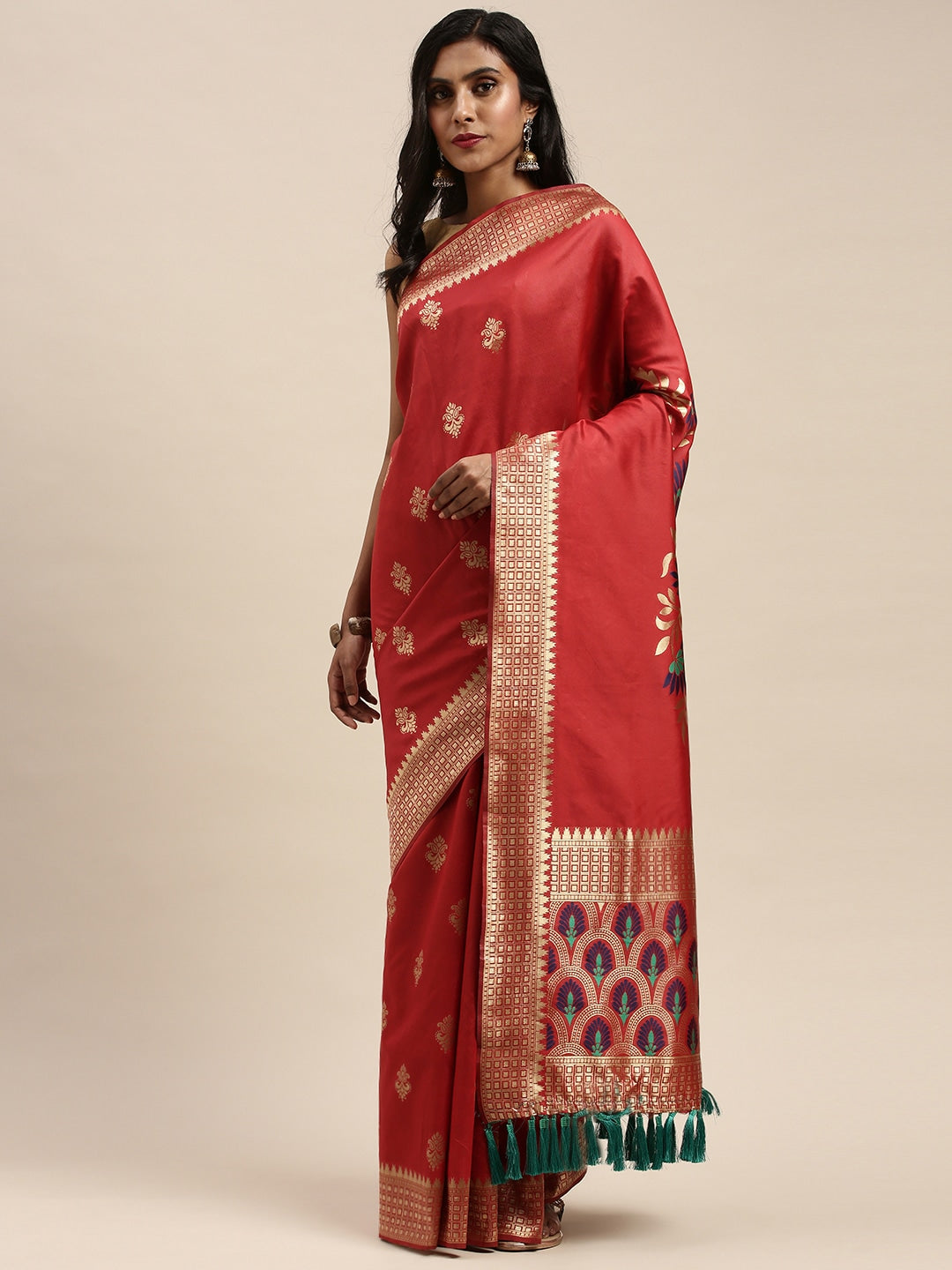 Banarasi Silk Red Saree with Ethnic Motifs