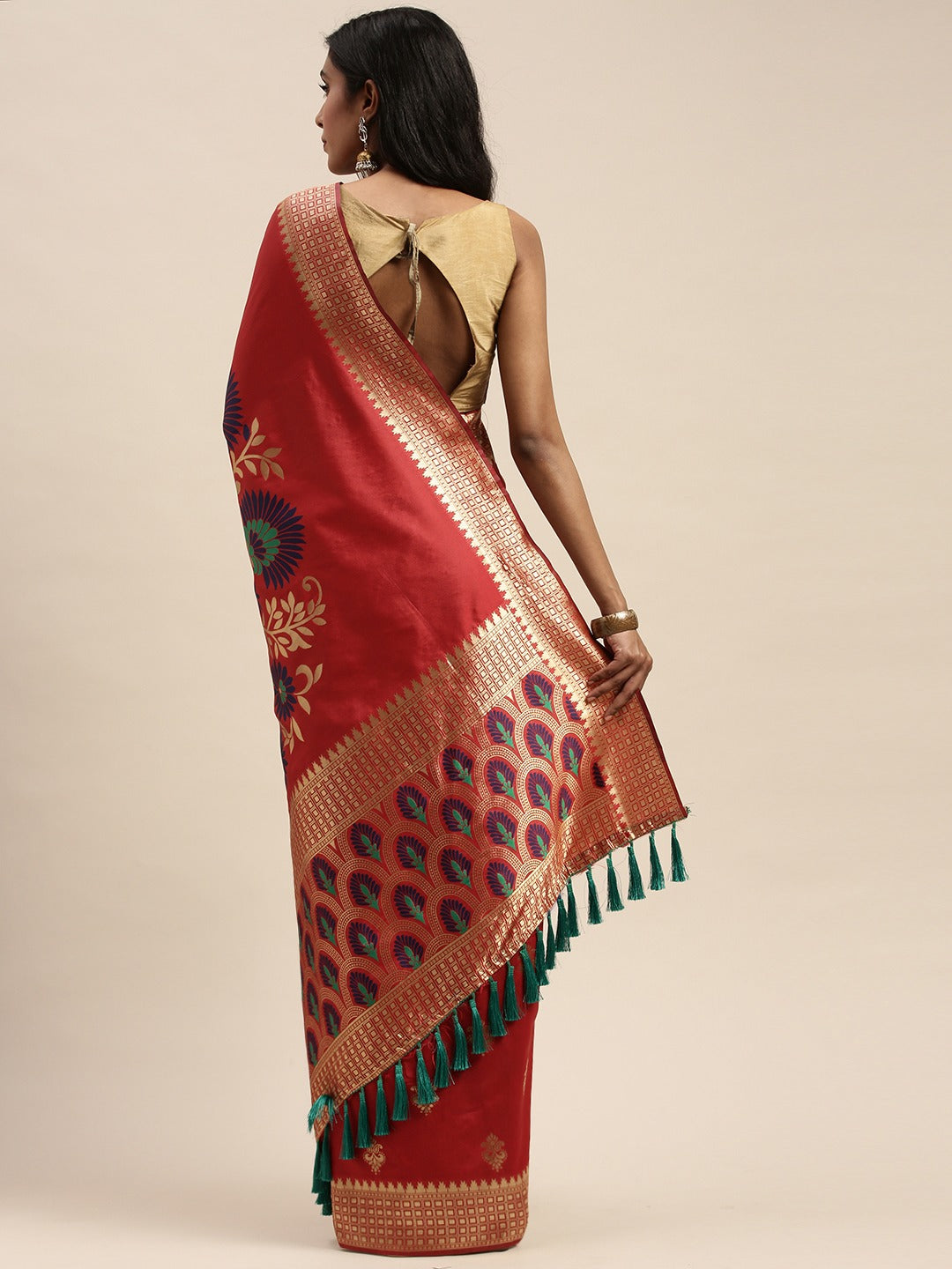 Banarasi Silk Red Saree with Ethnic Motifs